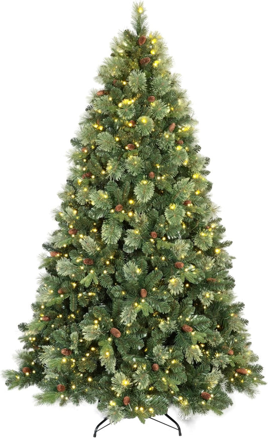 Kadunmina 6ft Prelit Christmas Tree, Artificial Carolina Pine Christmas Tree with 410 Warm White Lights, Pine Cones, 980 Branch Tips and Metal Stand for Home, Office, Holiday Party Decoration