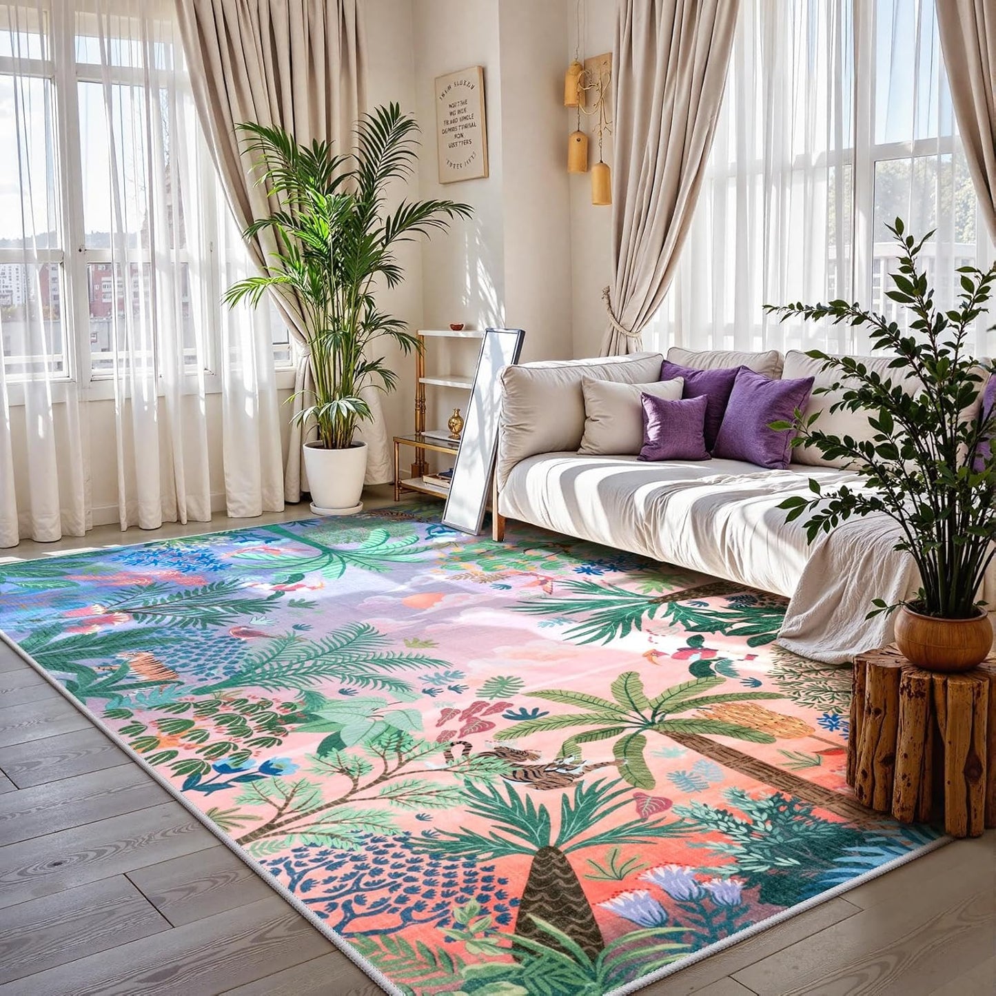 LIVEBOX Machine Washable Area Rugs 8x10 Lavender Girls Bedroom Rug, Soft Ultra-Thin Nursery Girl Carpet for Living Room, Jungle Purple Rugs for Girls Room, Lilac Rug for Nursery Room