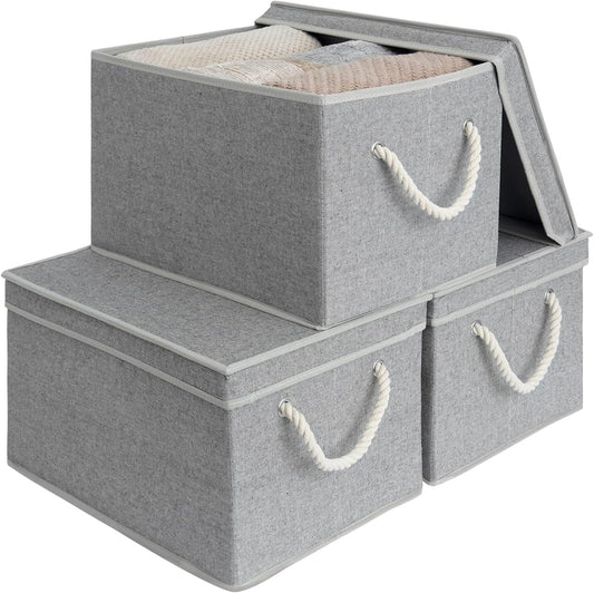 StorageWorks Storage Bins with Lids, Decorative Storage Boxes with Lid and Soft Rope Handles, Foldable Storage Baskets for Closet, Shelves, Stackable, Gray, Jumbo, 3-Pack