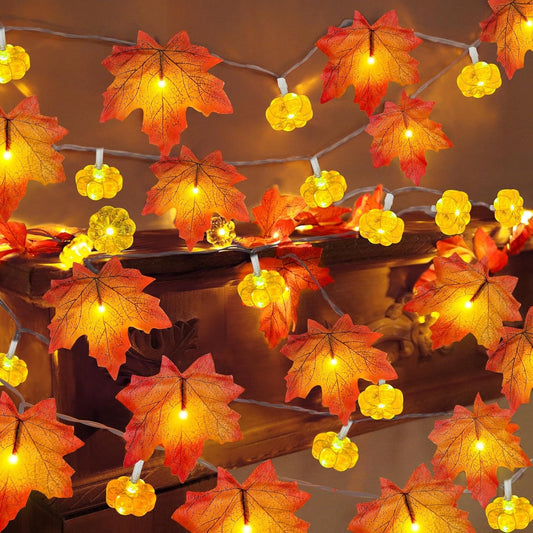 2 Pack & Timer - Fall Garland with Pumpkin Lights Halloween Fall Decor for Home 60LED 20Ft Enlarged Maples Leaves Halloween Garland Lights Indoor Battery Operated Thanksgiving Decor Wedding Christmas