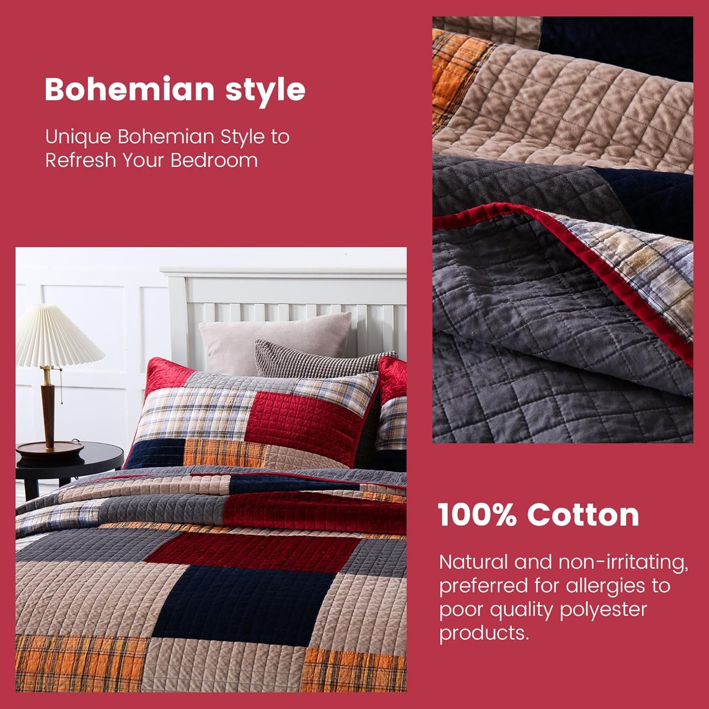 Secgo Imports Velvet King Size Comforter Set- Cotton & Velvet Quilt King Size Set, Red, Black bedspreads (96 * 108 Inch) with 2 Pillow Shams, Patchwork Reversible Lightweight Bedding