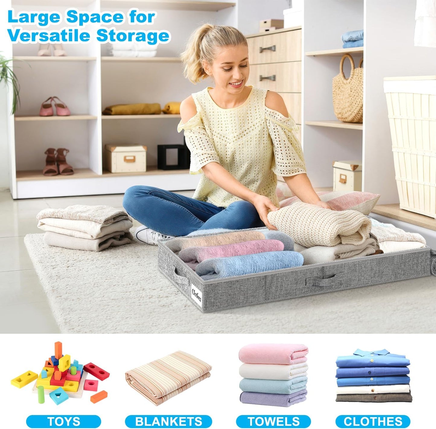 Under Bed Storage Container Bins 2 Pack, 4.5 Inch Slim Low Profile Underbed Clothes Storage Organizer for Dorm & Home, Use for Blanket and Toy Storage Box W/ Sturdy Bottom/Sides, Foldable Thick Fabric