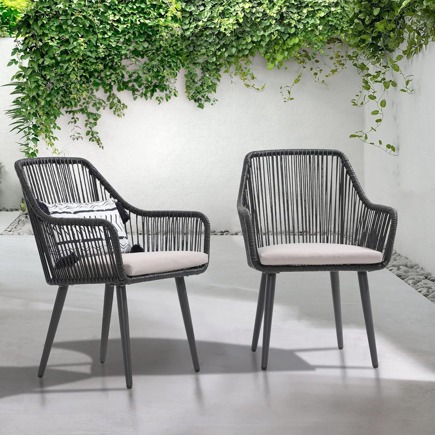 Patiorama Outdoor Dining Chairs, Patio Dining Chair Set of 4, All-Weather Woven Rope Rattan Chairs, Outdoor Dining Wicker Chairs with Armrests for Indoor Balcony Pool Backyard(Black)
