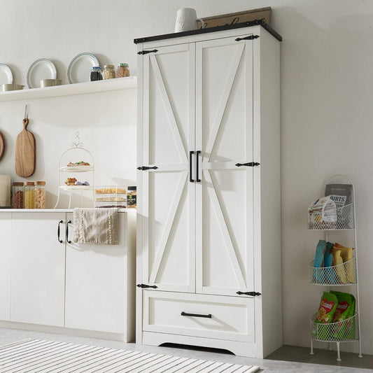 JXQTLINGMU Farmhouse Kitchen Pantry Cabinet - 72" Tall Wood Kitchen Storage Cabinets with Adjustable Shelves & 2 Barn Style Doors & Drawer, Versatile Storage for Dining Room, Bathroom, Antique White