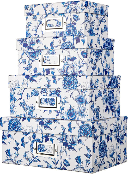 Briful Decorative Photo Storage Boxes with Lids, Set of 4 – Blue and White Porcelain Pattern, Nested Card Storage Box Organizer, Decorative Paperboard Box for Closet, Office, Gifts
