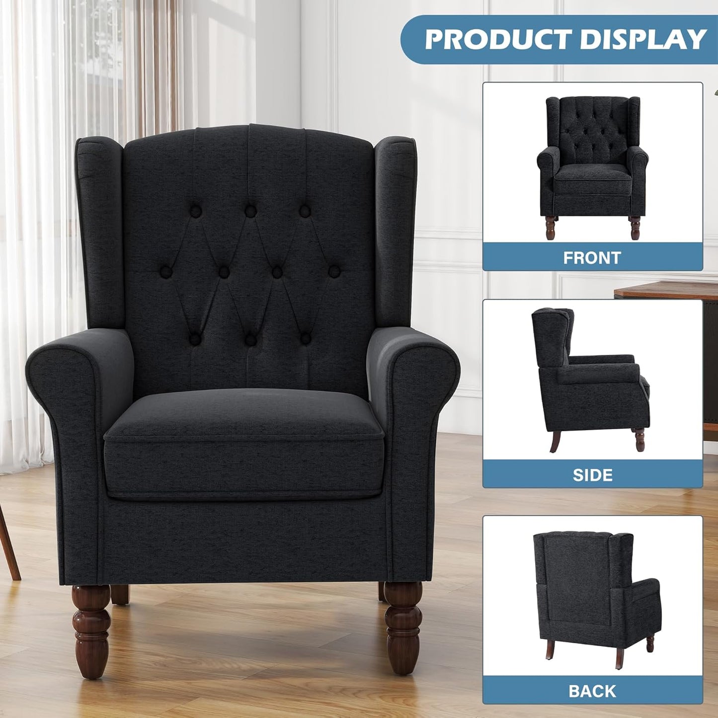 UIXE High Back Accent Chair, Upholstered Armchair in Fabric, Retro Wingback Arm Chair for Living Room, Comfy Single Sofa Bedroom Reading Seat with Solid Wood Legs - Black Blue
