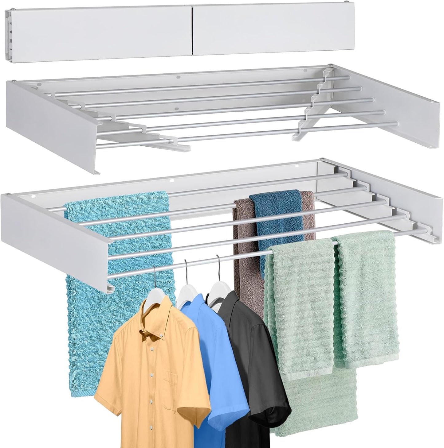 FOCHIER F Laundry Drying Rack Wall Mounted Clothes Drying Rack Collapsible with 5 Aluminum Rods and Drilling Template Long Screwdriver Bit 60 lbs Capacity (White, 31.5")