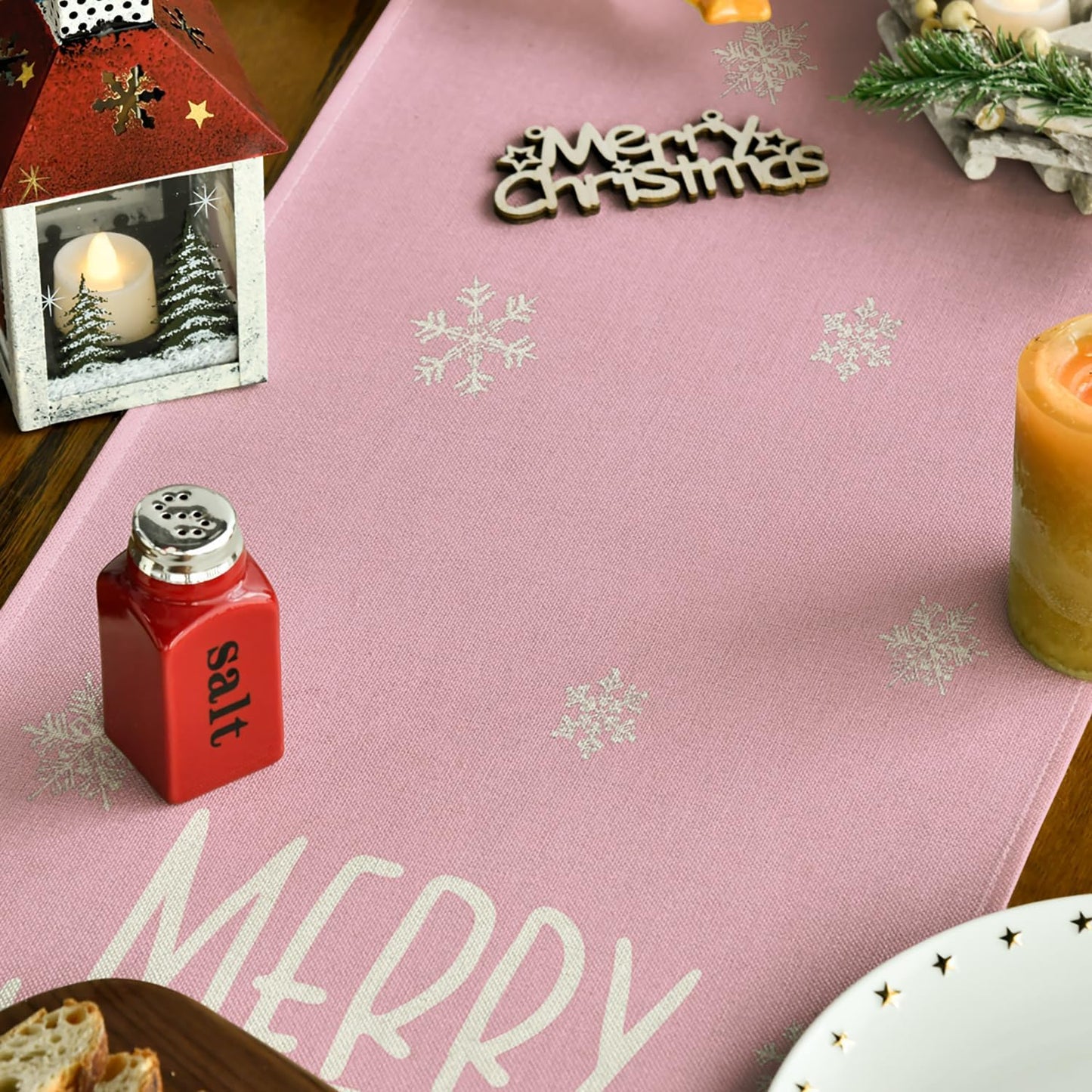 Artoid Mode Xmas Trees Snowflakes Pink Merry Christmas Table Runner, Winter Seasonal Kitchen Dining Table Decoration for Home Party Decor 13x48 Inch