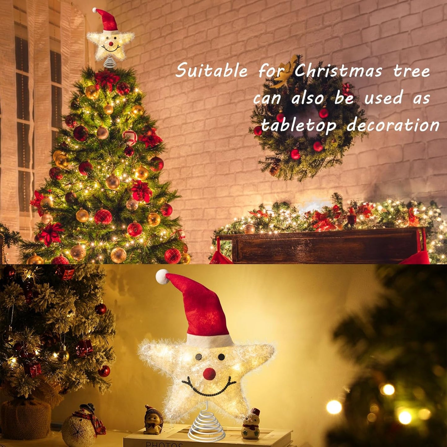 Christmas Tree Topper Snowman Star with Warm White 20 LED Lights, Xmas Tree Topper Star for Holiday Seasonal Decor Battery Required Outdoor Indoor