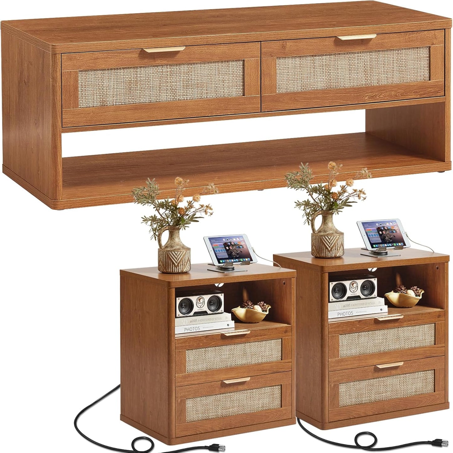 LEYAOYAO Boho Rattan Coffee Table and End Table Sets, 48" Wide Center Tables & 23" Night Stand with Charging Station Chest of Drawers, Brown Wood Coffee Table for Living Room 3 Piece Set