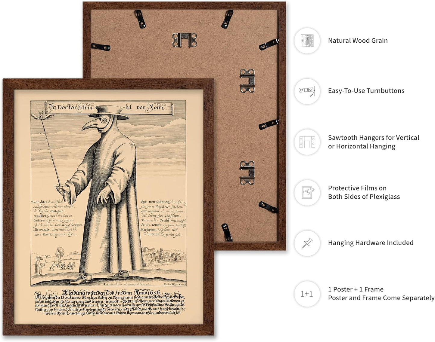Poster Master Vintage Medieval Poster - Retro Illustration Print - Gift for Friend - Plague Doctor, Pandemic Mask, Physician, Black Death - Wall Decor for Home, Living Room, 11x14 Brown Framed