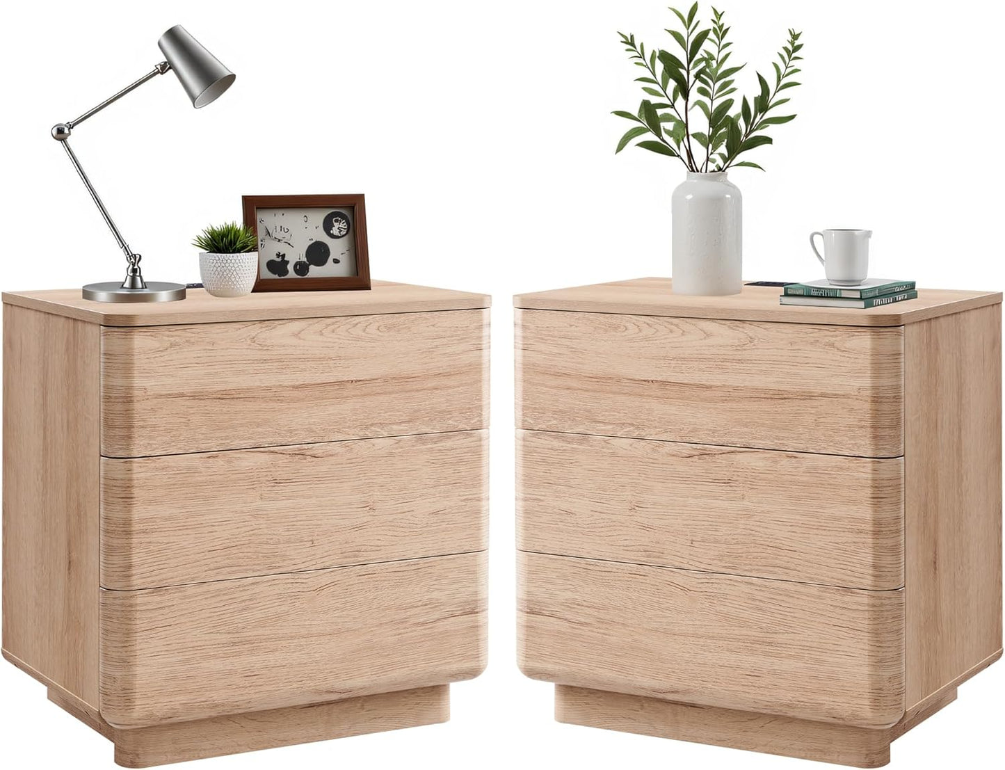 JXQTLINGMU 22" Modern Nightstand Set of 2 with Charging Station, Large Push-to-Open End Table, Wood Bedside Table, Curved Profile, Handleless 3 Drawer Night Stand for Bedroom, Living Room, Natural Oak