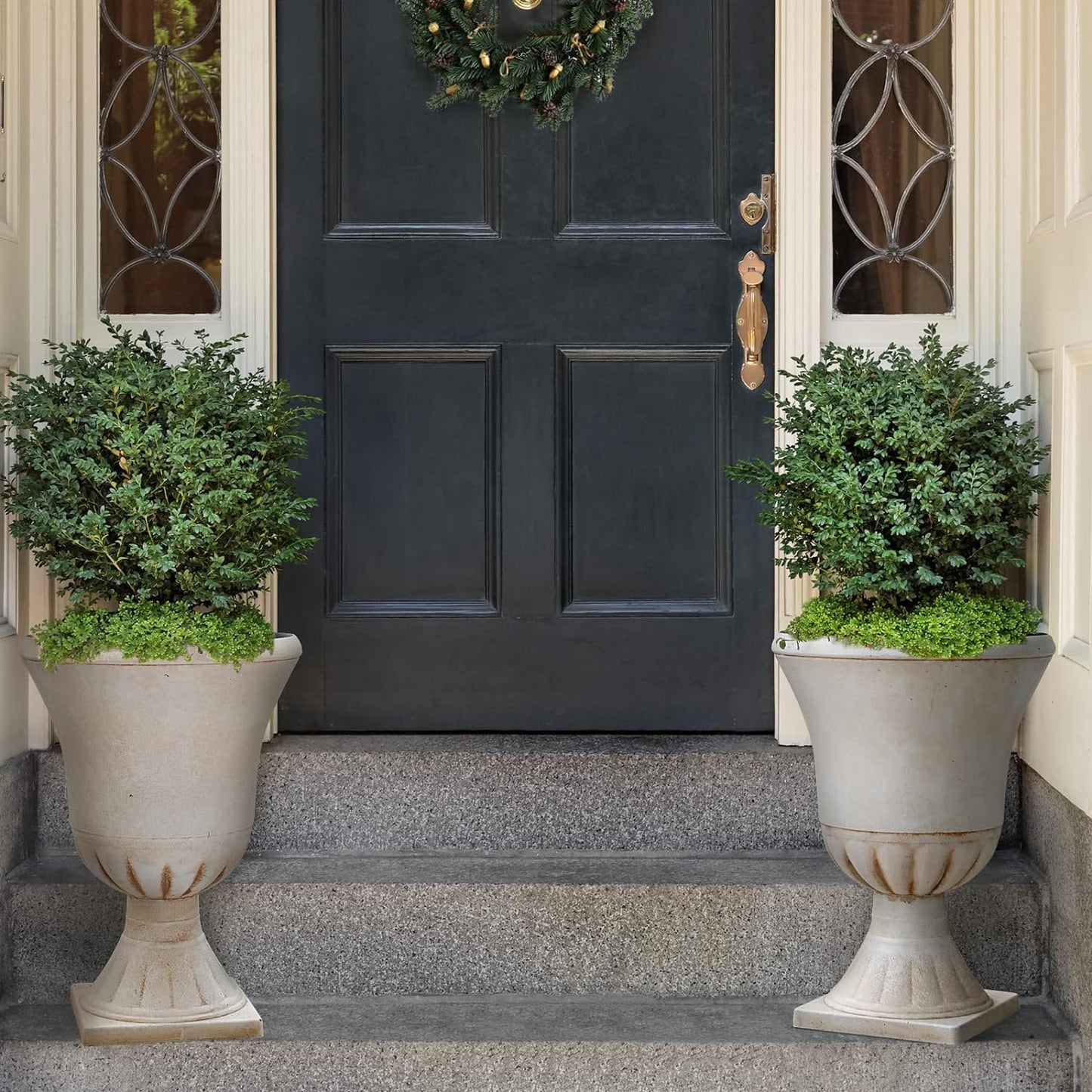 Worth Garden Plastic Urn Planters for Outdoor Plants, Tree 22'' Tall 2 Pack Round Classic Resin Flower Pots Indoor Beige Traditional Front Porch 15 in Dia. Large Imitation Stone Decorative Patio Deck