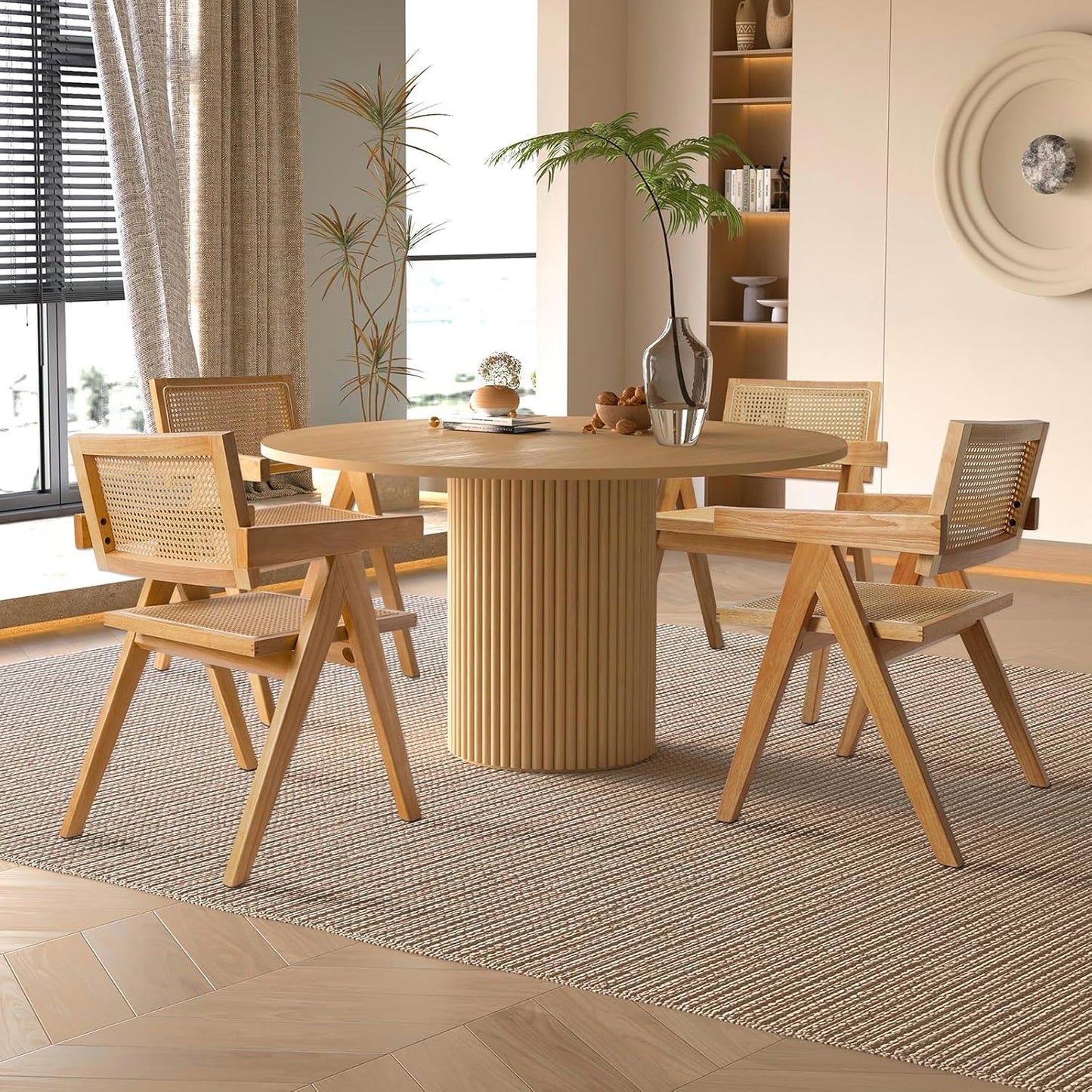 Rattan Dining Chairs Set of 4, Wooden Armchair Cane Kitchen Chairs with Arms, Light Walnut Color