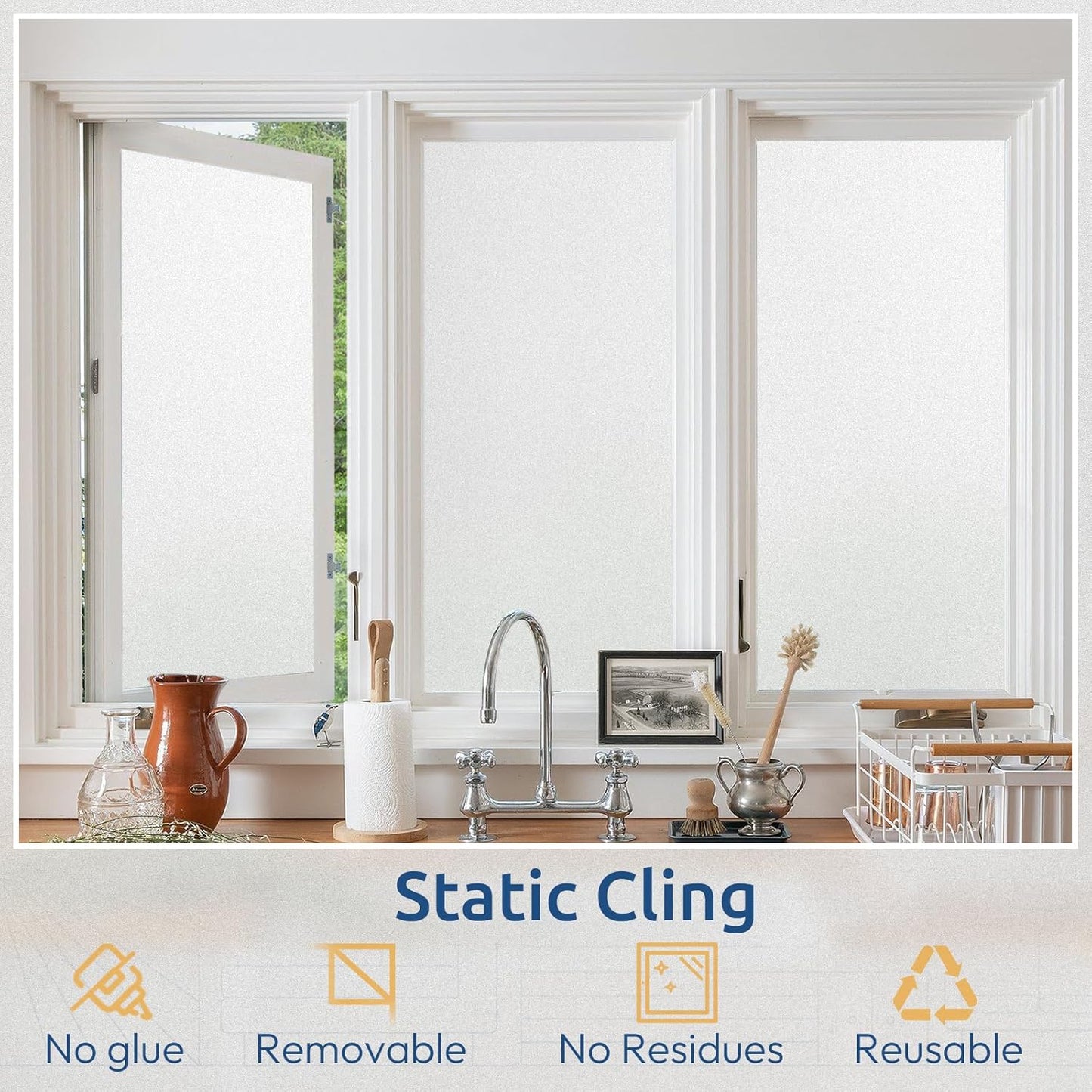 rabbitgoo Window Privacy Film, Non-Adhesive Frosted Glass Window Film for Bathroom, Static Cling Heat Blocking Stickers for Home Indoor Opaque Frosting Coverings House Tint, Matte White 29.5" x 157"