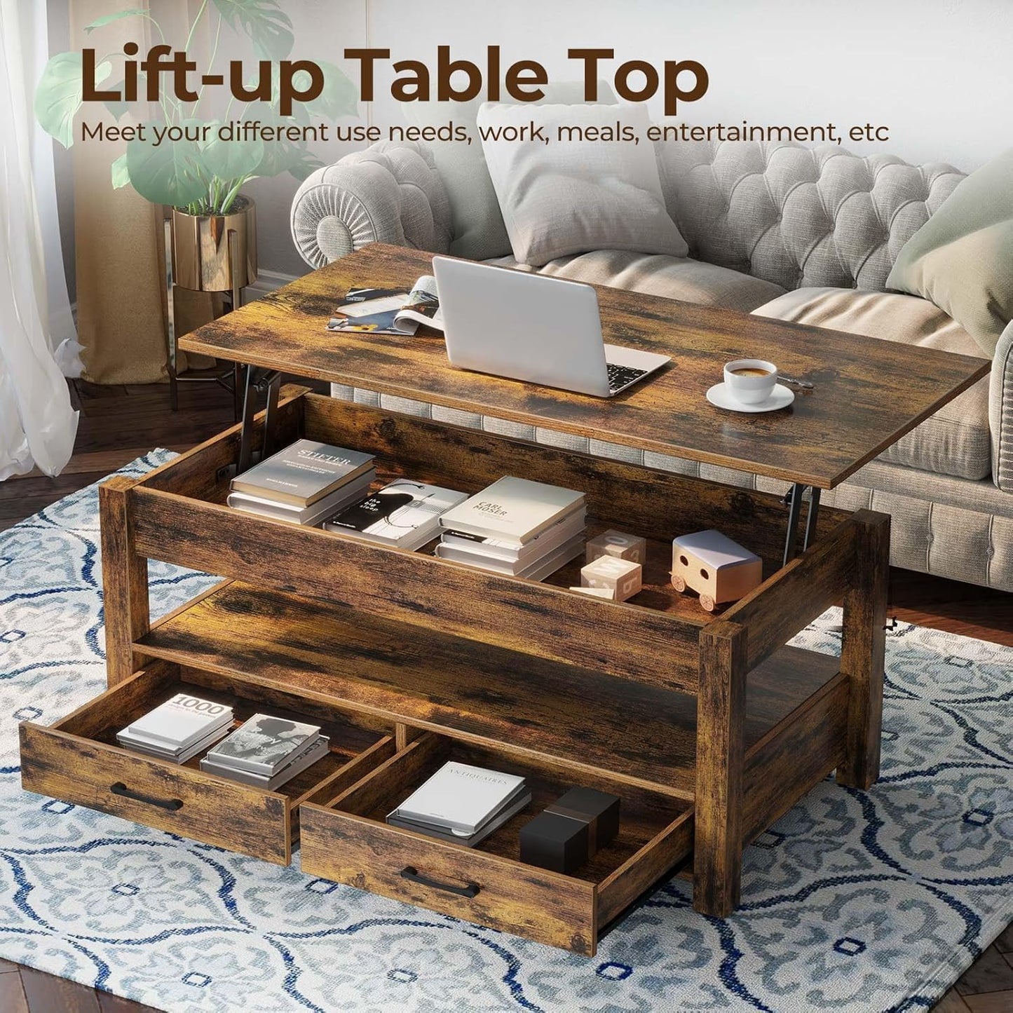 Rolanstar Coffee Table, Lift Top Coffee Table with Drawers and Hidden Compartment, Retro Central Table with Wooden Lift Tabletop, for Living Room,Rustic Brown