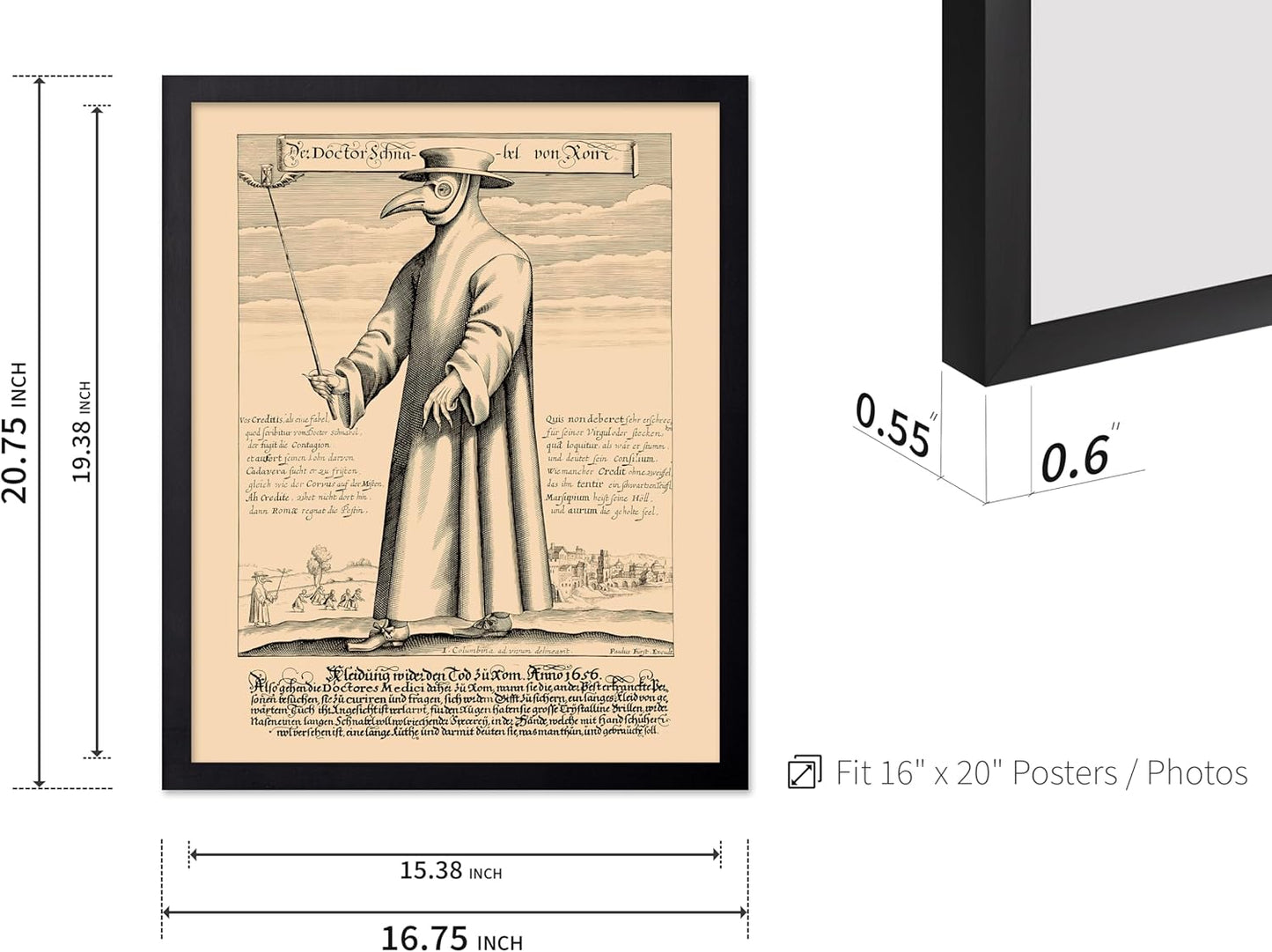 Poster Master Vintage Medieval Poster - Retro Illustration Print - Gift for Friend - Plague Doctor, Pandemic Mask, Physician, Black Death - Wall Decor for Home, Living Room, 16x20 Black Framed