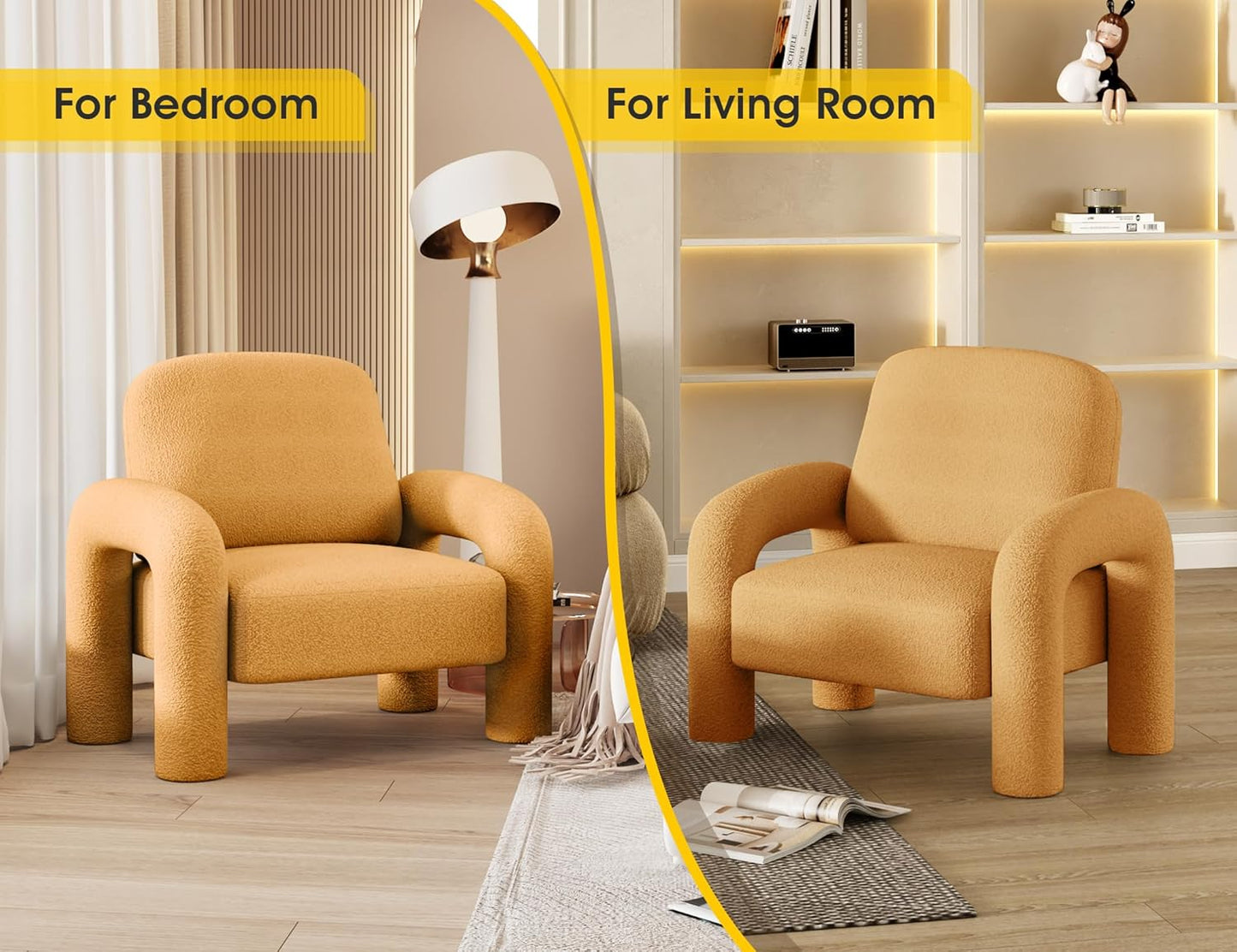 Modern Sherpa Accent Chair, Teddy Upholstered Arm Single Sofa, Cozy Fluffy Reading Chair for Living Room, Bedrooms, Corner (Yellow)