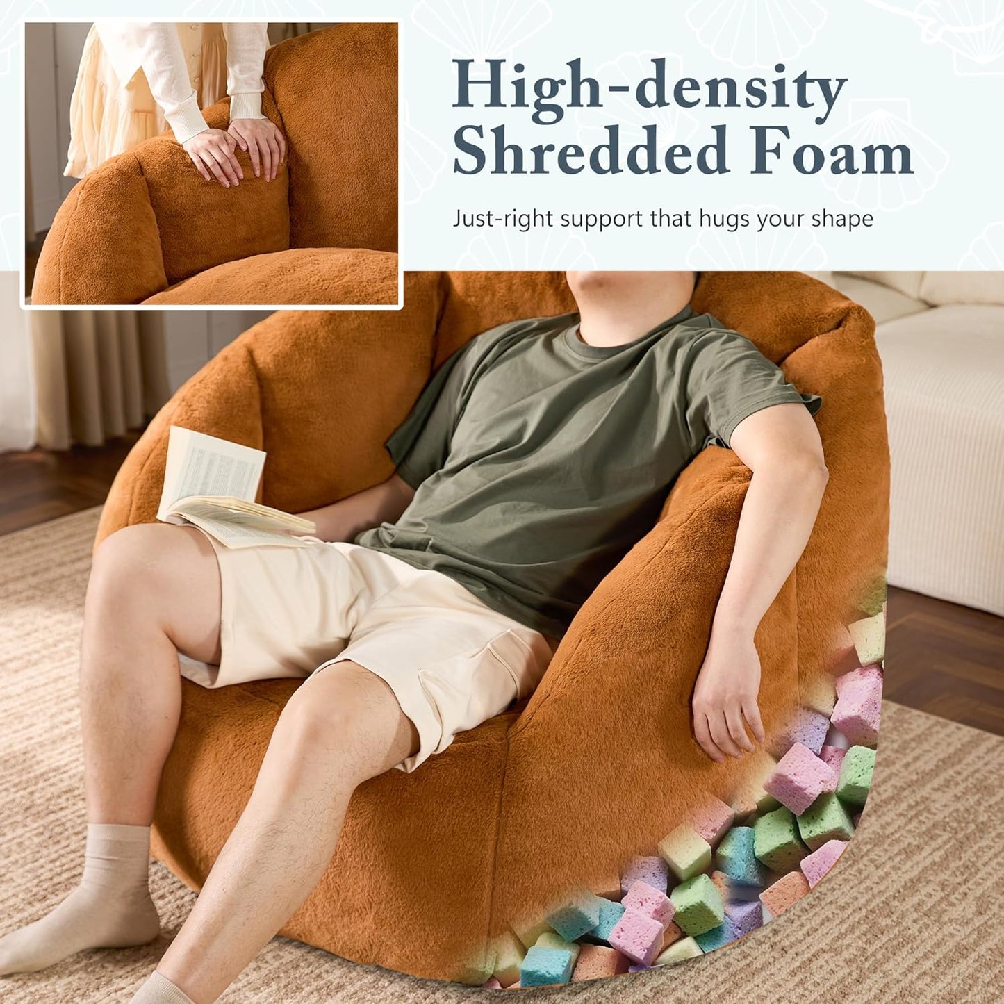 Giant Bean Bag Chair for Adults - Comfy Plush Round Shell Soft Reading Chair, Oversized Cozy Lounge Floor Sofa Accent Chair, Mini Couch for Living Room, Bedroom & Game Rooms, Orange