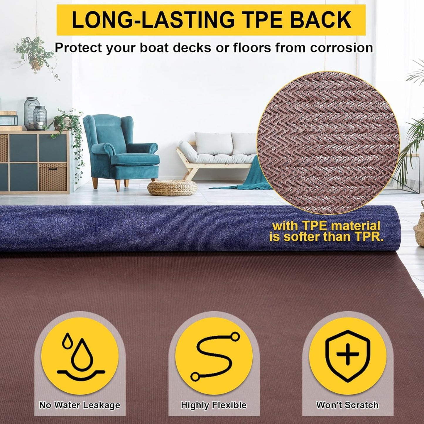 Marine Carpet,6 FT x 10 FT Deep Blue Indoor Outdoor Carpet 0.2" Thick Boat Carpet with Water-Proof TPE Backing, Non-Slide Outdoor Marine Carpet Roll for Home, Patio, Porch, Deck