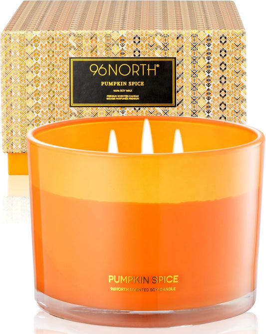 96NORTH Luxury Pumpkin Soy Candle | Large 3 Wick Jar Candle | Halloween & Fall Decor | Up to 40 Hours Burning | 100% Natural Soy Wax | Relaxing Aromatherapy Candle | Halloween Fall Candle Gift