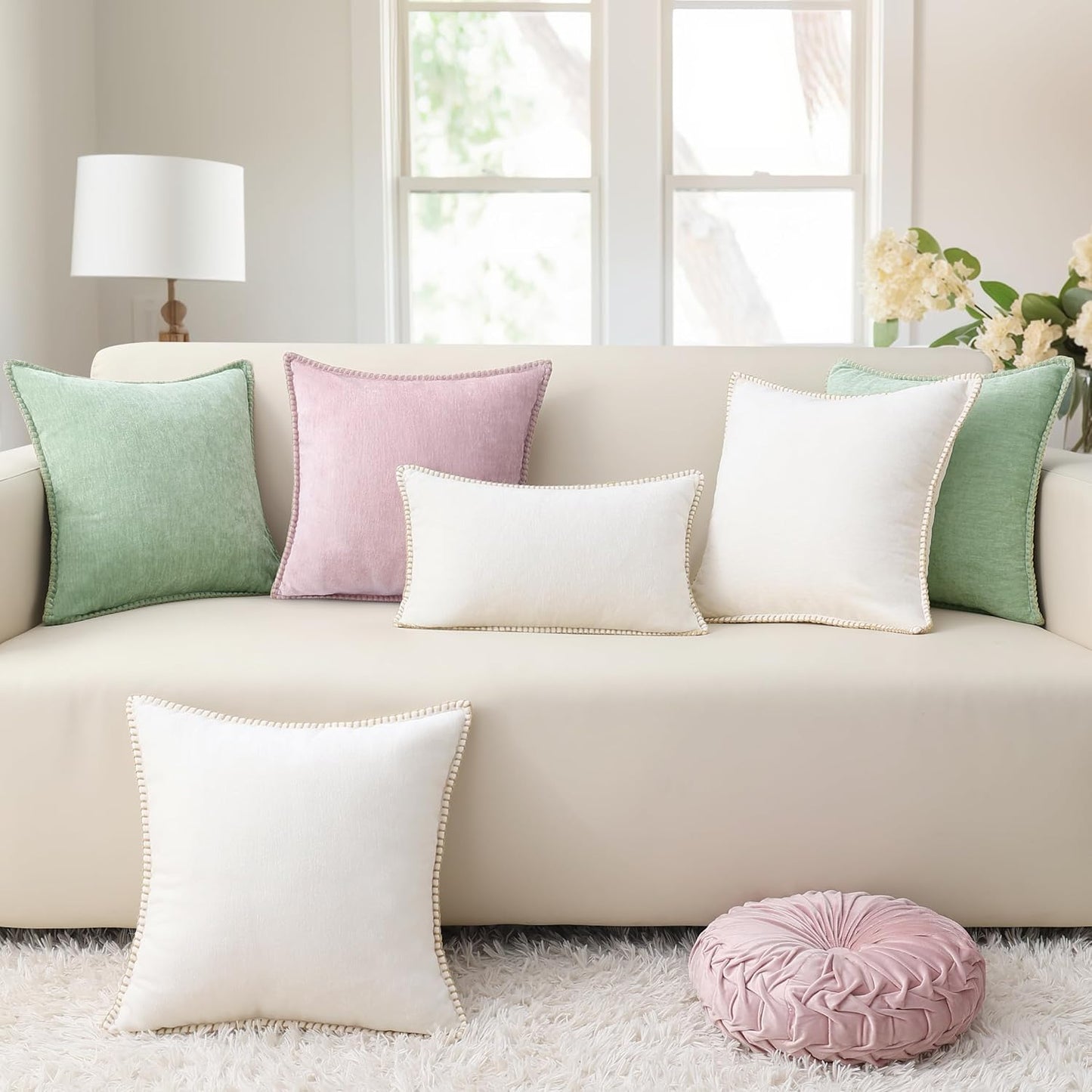 decorUhome Chenille Soft Throw Pillow Covers 20x20 Set of 2, Farmhouse Velvet Neutral Decorative Euro Pillow Covers with Stitched Edge for Couch Sofa Bed Home Decor, Blush Pink