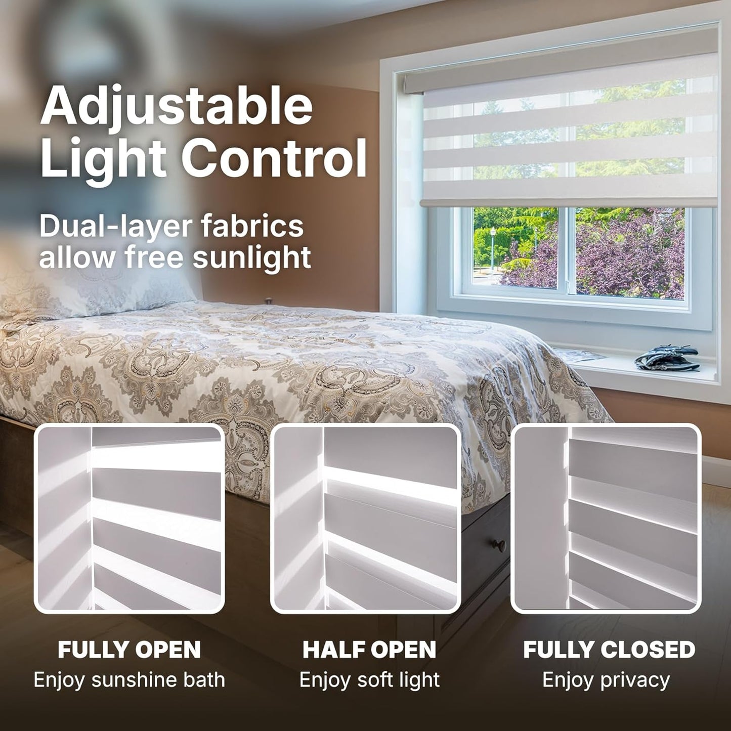 HESTIA Cordless Zebra Blinds Light Filtering Roller Shades UV Blocking Blackout Privacy Indoor Window Shades for Home Office Day and Night, Black,46" W x 54" H