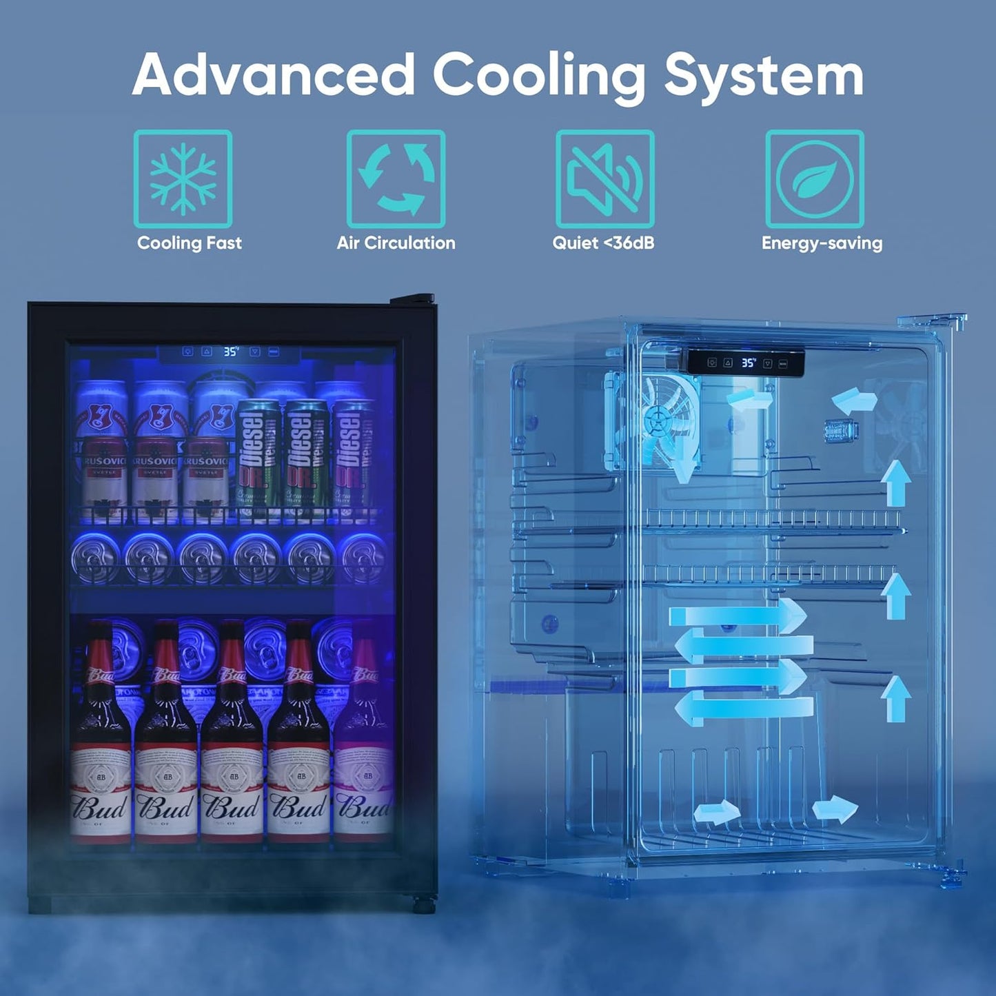 2.5 Cu.Ft Wine Fridge, Mini Fridge With Glass Door, Wine Cooler Refrigerator, Beverage Drink Beer Cooler, Adjustable Shelves & Digital Temperature Display, 22 Bottle 95 Can