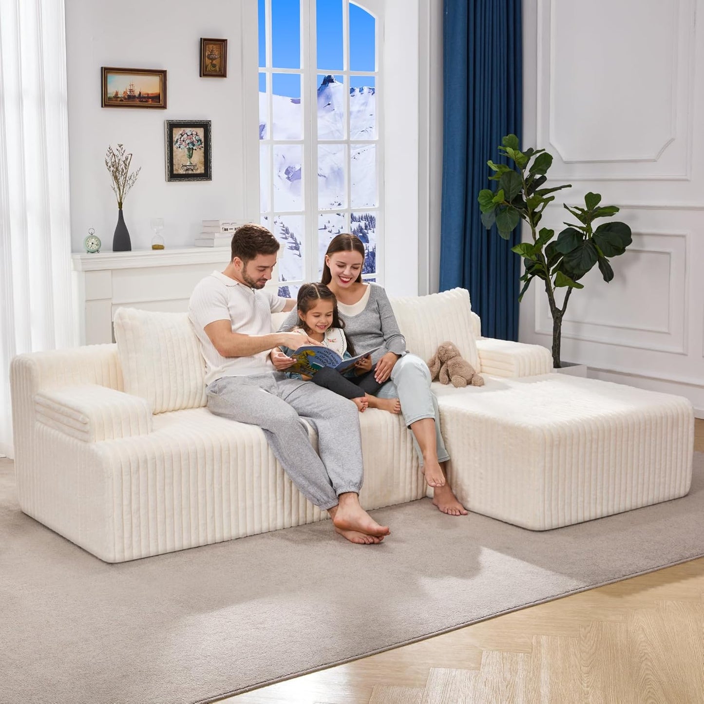 Hobestluk 96“ Modular Sectional Sofa Couches L-Shape Couch 3 Seat Modular Sofa Memory Foam Sectional Couches for Living Room, Cloud Couch with Oversized Chaise (White, Stripe (Right Facing Chaise))