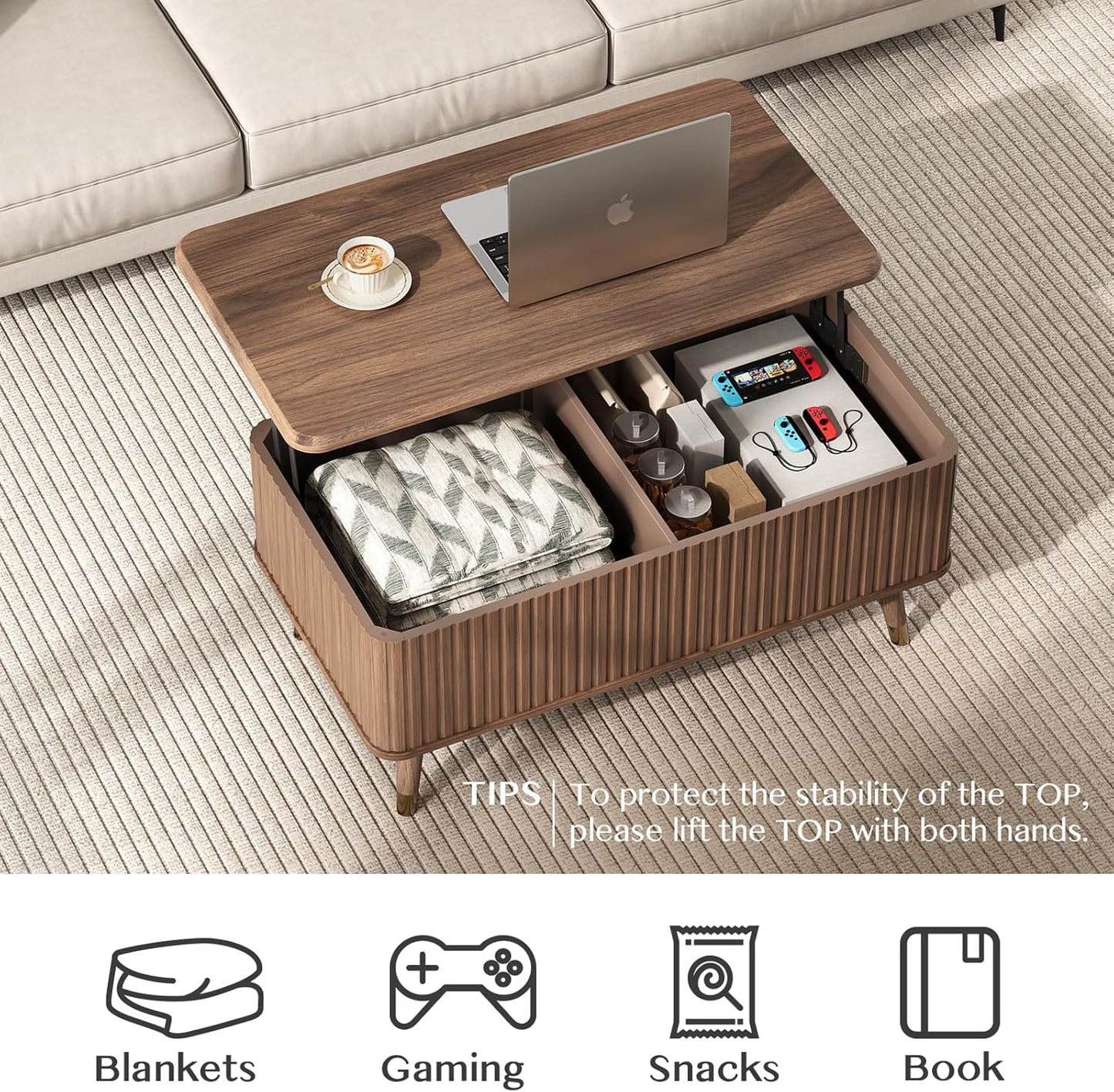 Lift Top Coffee Table with Storage,Mid Century Modern Coffee Table,Fluted Wood Rectangle Center Table for Living Room,Home Office,Walnut