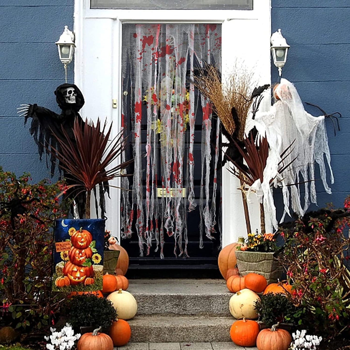 Sfcddtlg 4 Pcs Halloween Doorway Curtain- 65 x 39 Inch Decorations Door Curtain with Bloody Prints- Bloody Creepy Cloth for Halloween Party Haunted House Entrance Decoration