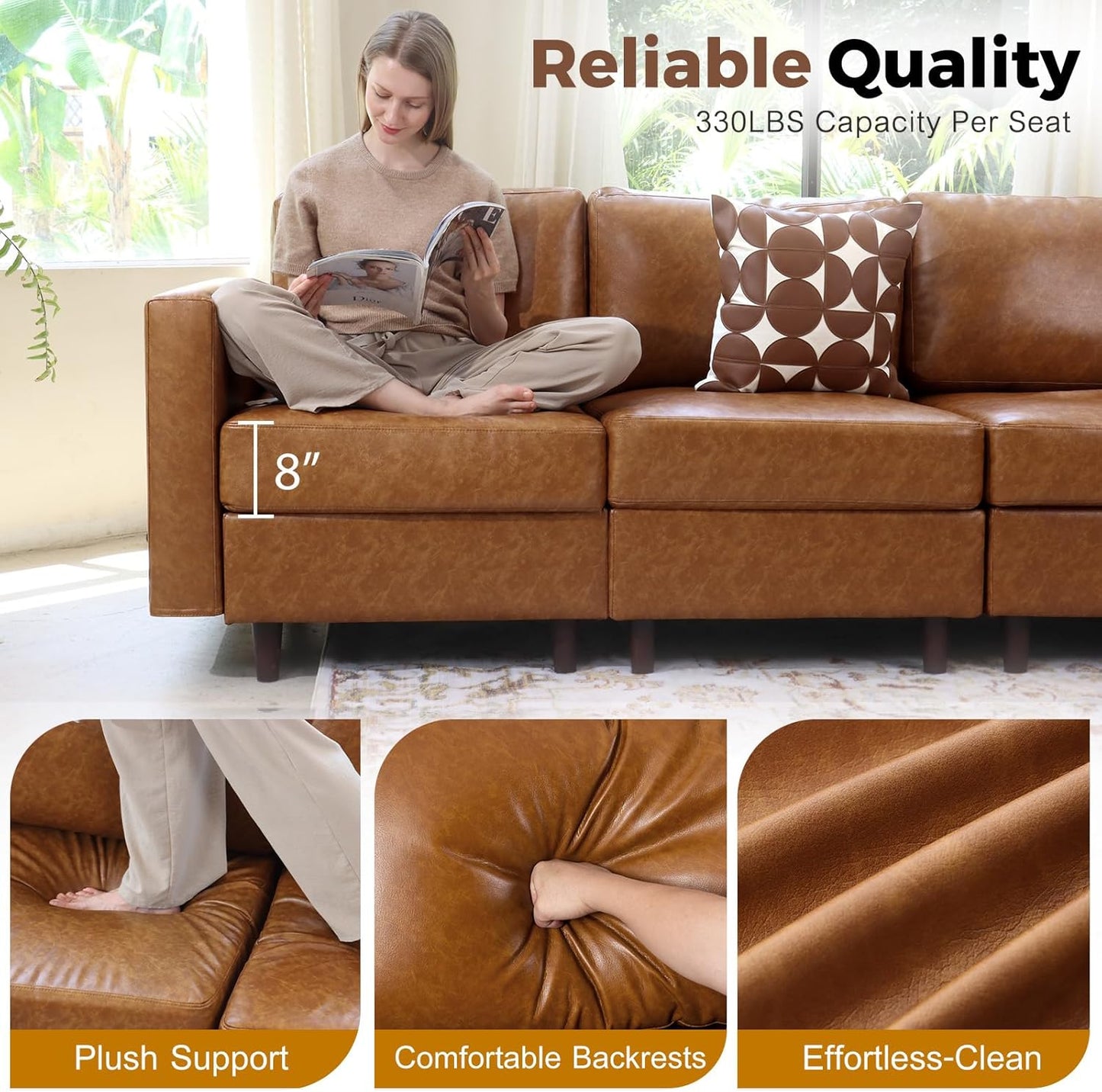 91.5" Luxury Modular Sleeper Sofa Bed with Storage Seat, 6 Seat Sectional Couch Deep Seat with Reversible Chaises & Removable Cover for Living Room - Faux Leather Brown