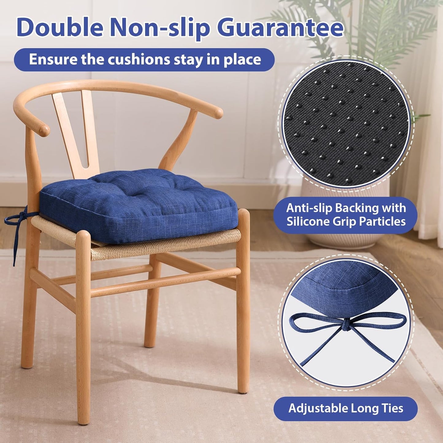 Chair Cushions, Dining Chair Cushions, Tufted Indoor Chair Pads, Set of 2, Navy Blue, 16.5'' x 16.5'' x 3.5''