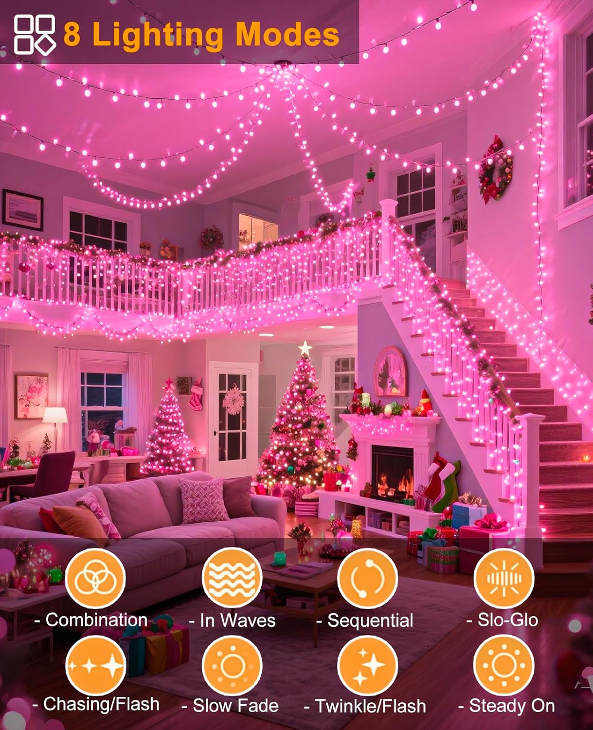 40FT 120 LED Christmas Lights Outdoor, Green Wire Christmas Tree Lights with 8 Modes & Waterproof, Connectable Plug in String Light for Indoor Bedroom Garden Party Wedding Decorations, Pink