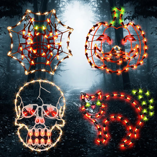 Lighted Spider, Bat, Happy Halloween Window Silhouette Decoration - Light Up Hanging Ornament