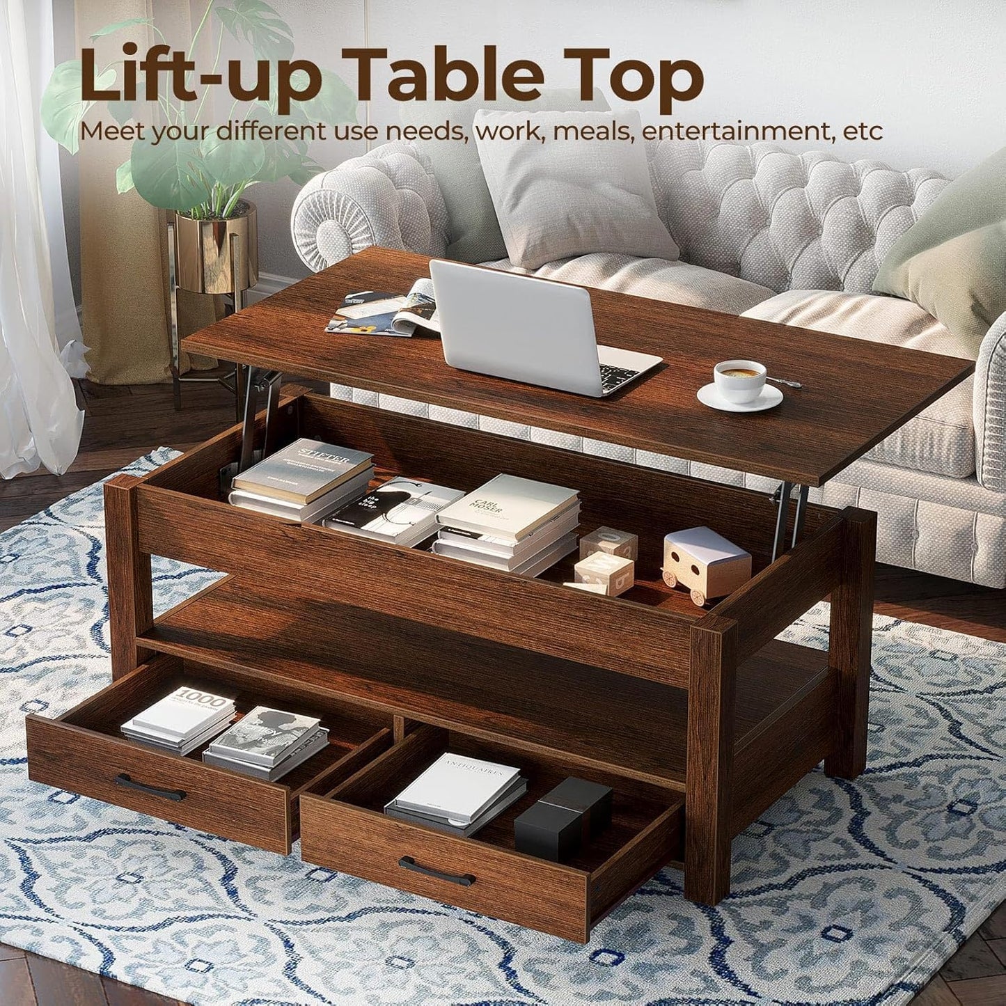 Rolanstar Coffee Table, 47.2" Lift Top Coffee Table with Drawers and Hidden Compartment, Retro Central Table with Wooden Lift Tabletop, for Living Room,Espresso