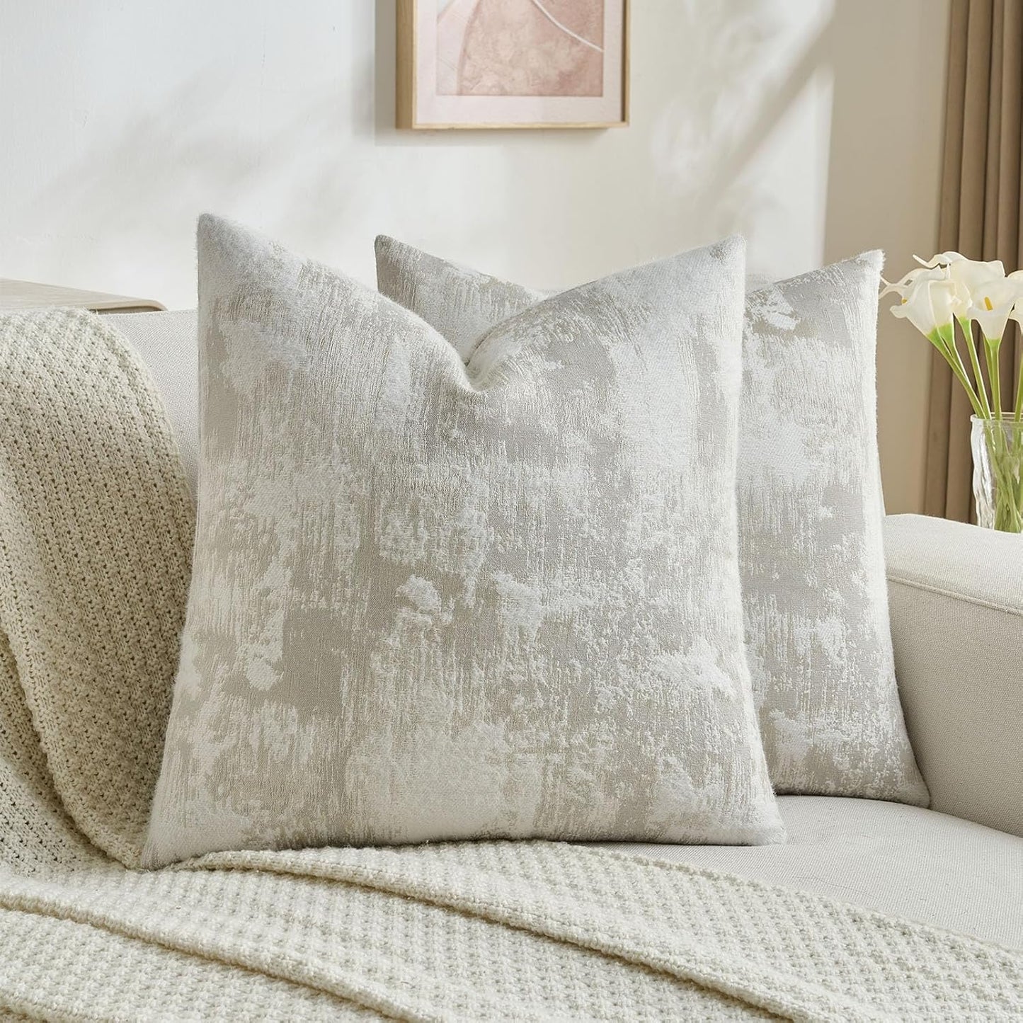 FUTEI Beige White Decorative Throw Pillow Covers 20x20 Inch Set of 2,Soft Faux Cashmere Jacquard - Textured & Cozy Cushion Case,Modern Home Decor for Couch Bed Living Room