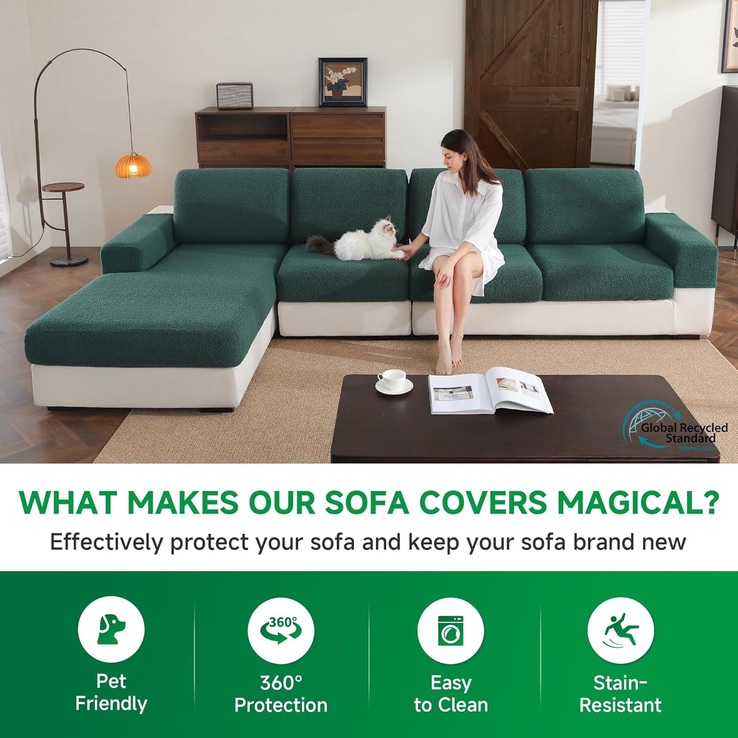 Couch Cushion Covers for Sectional Sofa, Stretch Soft Sofa Slipcovers Washable Wear-Resistant Universal Furniture Protector for Living Room(2 Seaters Covers+1 Chaise Cover, Green)