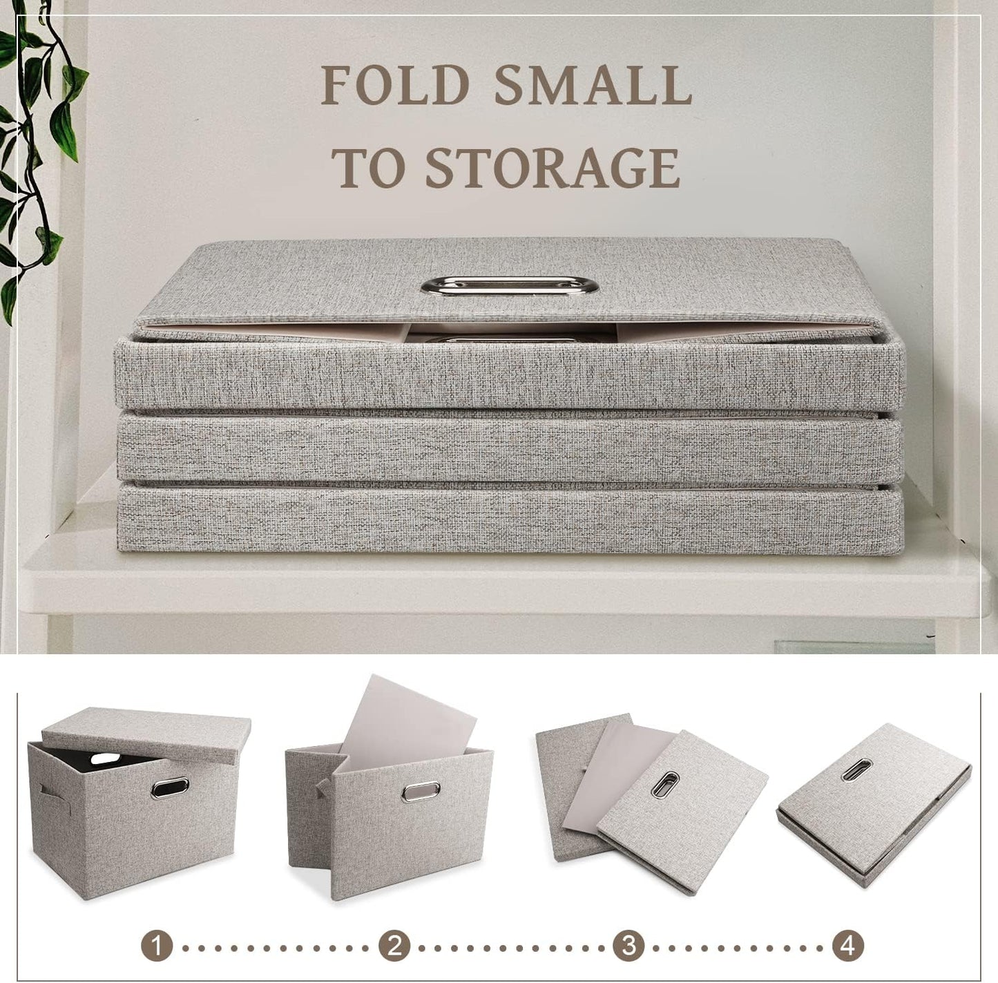 Medium 15" 21 Quart Collapsible Stackable Storage Bins with Lids, 1 Pack Beige Foldable Fabric Closet Storage Boxes with Lids, Heavy-duty Linen Baskets for Bedroom