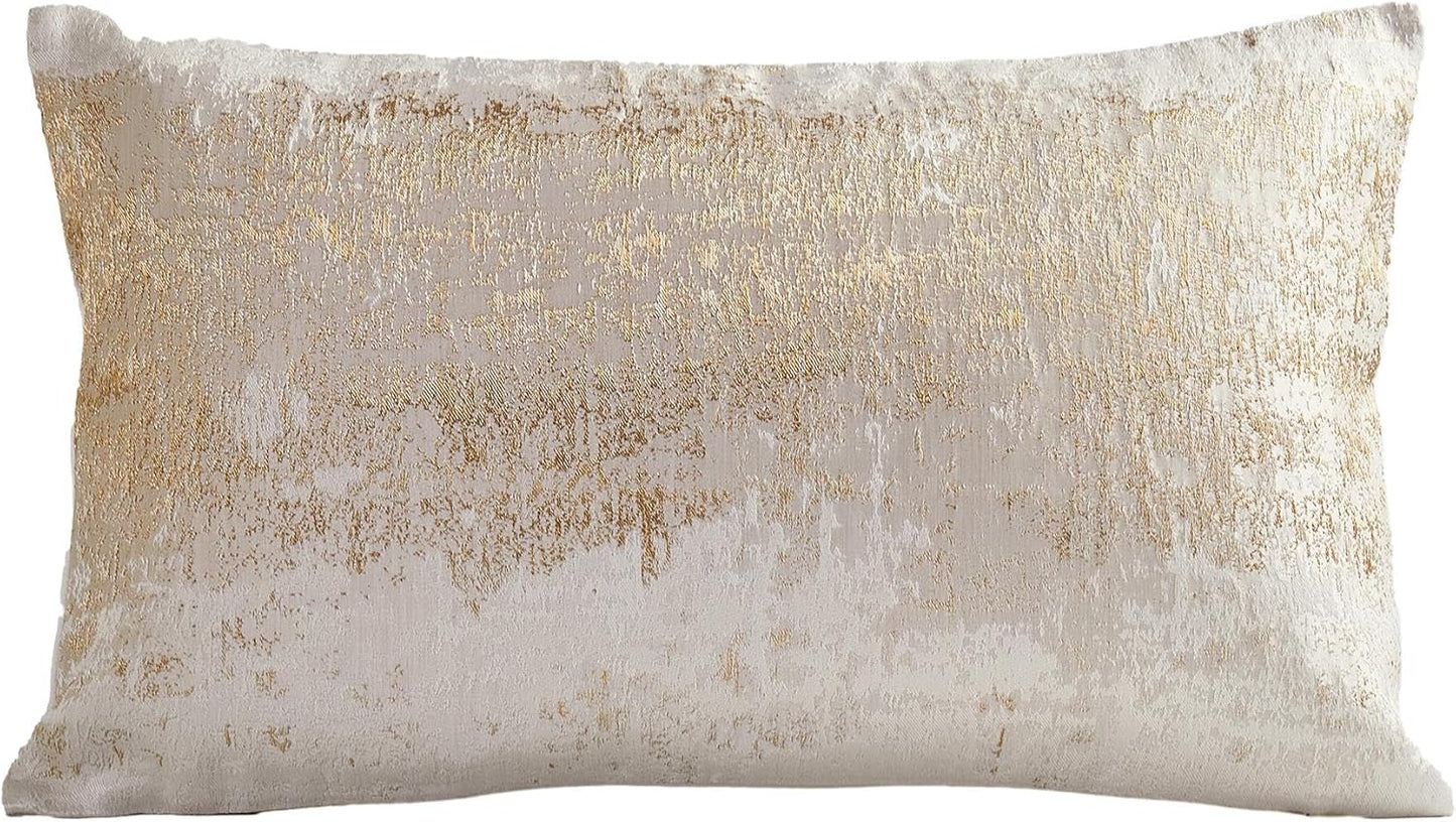 THE-TINOART Cream Beige & Gold Luxury Pillow Cover 12x20 - Embroidered Jacquard with Metallic Thread, Reversible Decorative Throw Pillow Cover for Sofa/Bed, Velvet Backing