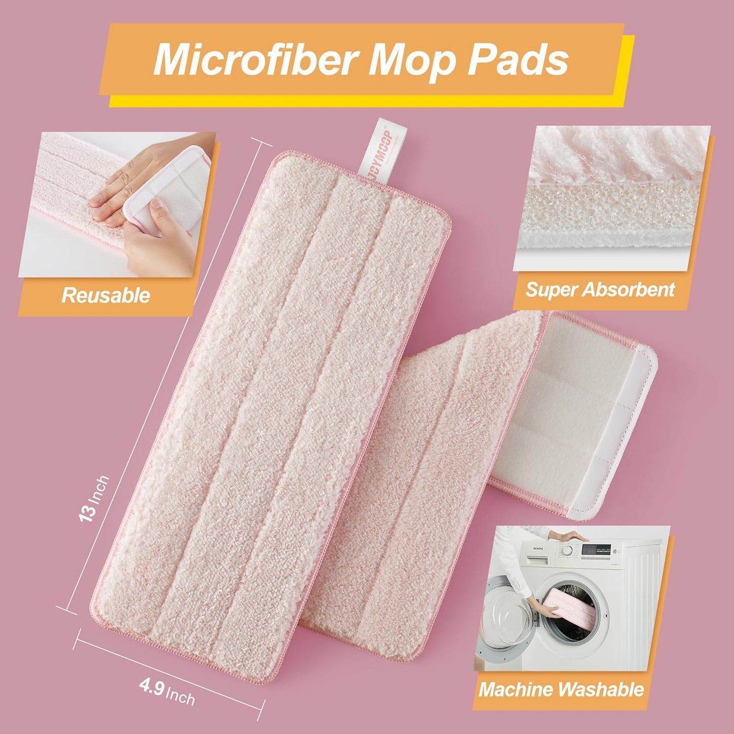 JOYMOOP Pink Mop and Bucket with Wringer Set for Home, with 3 Reusable Microfiber Mop Pads, Hands-Free Self-Cleaning System, Suitable for Floor Cleaning and Wall Cleaner