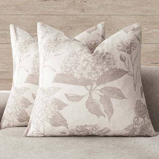 Foindtower Set of 2 Linen Floral Vintage Throw Pillow Covers Neutral Accent Decorative Cushion Covers Farmhouse Boho Home Decor for Sofa Chair Couch Bedroom Living Room Outdoor,22×22 Inch,Tan Beige
