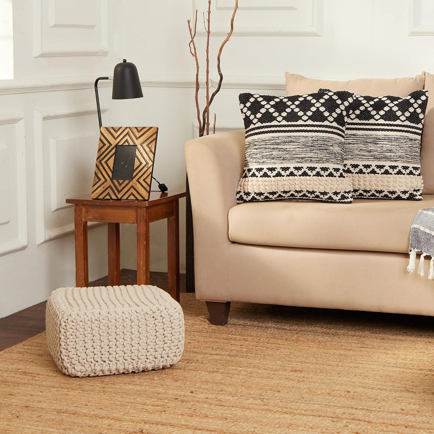 REDEARTH · Cube Low Pouf Foot Stool Ottoman - Hand Knitted Poof - Cord Boho Pouffe - Home Décor - Stuffed Footrest for Living Room - Nursery - Bedroom - Covered Patio - Room (16" x 16" x 8") - Ivory