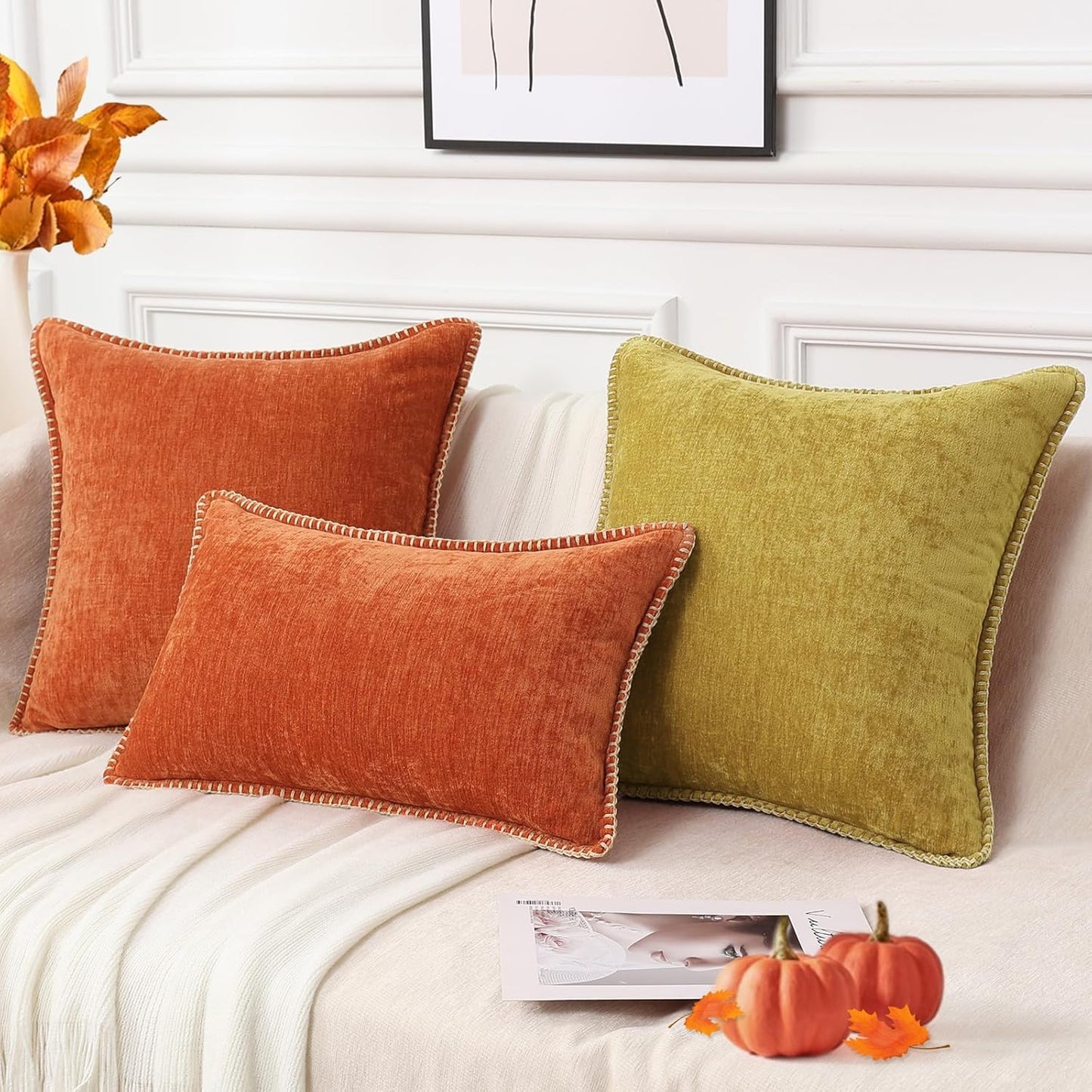 decorUhome Fall Chenille Soft Throw Pillow Covers 12x20 Set of 2, Lumbar Velvet Farmhouse Neutral Decorative Euro Pillow Covers with Stitched Edge for Couch Sofa Bed Home Decor, Rust