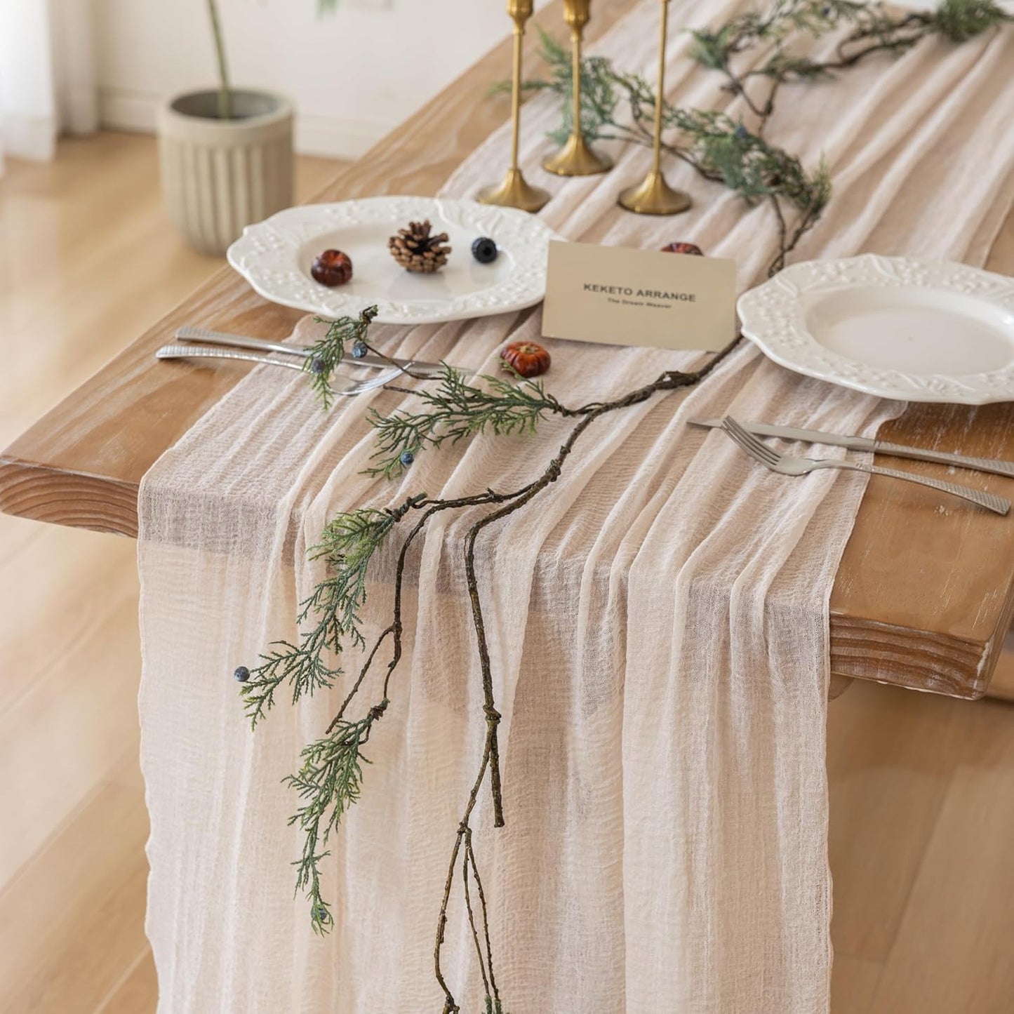 3Pcs Beige Gauze Rustic Cheesecloth Table Runner 120 Inch 10 FT for Wedding Baby Shower Bridal Shower Birthday Engagement Garden Outdoor Party Long Sheer Boho Decorations