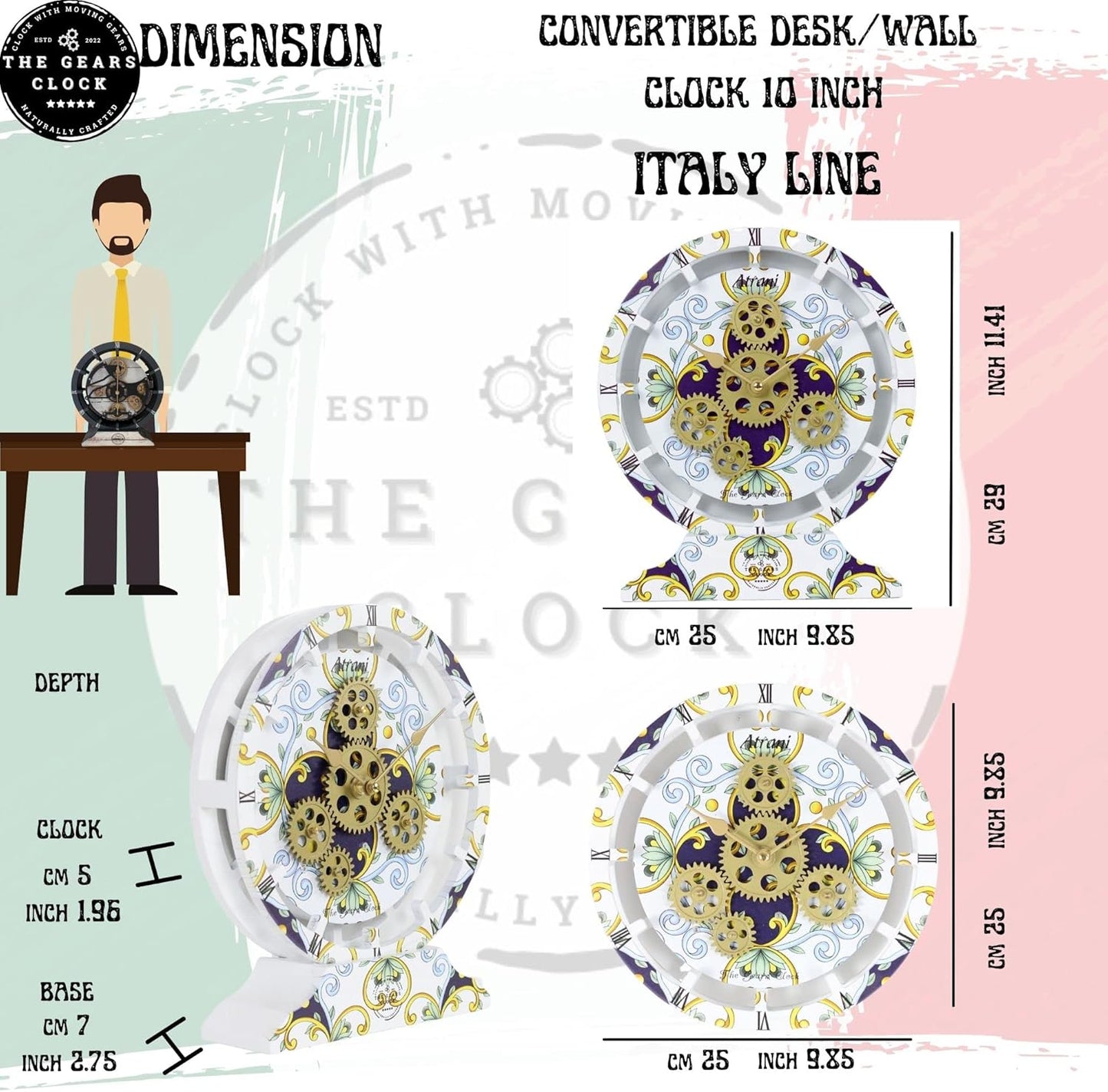 The Gears Clock Wall Clock Italy Collection with Moving Gears (Meta, 10 inch Round)