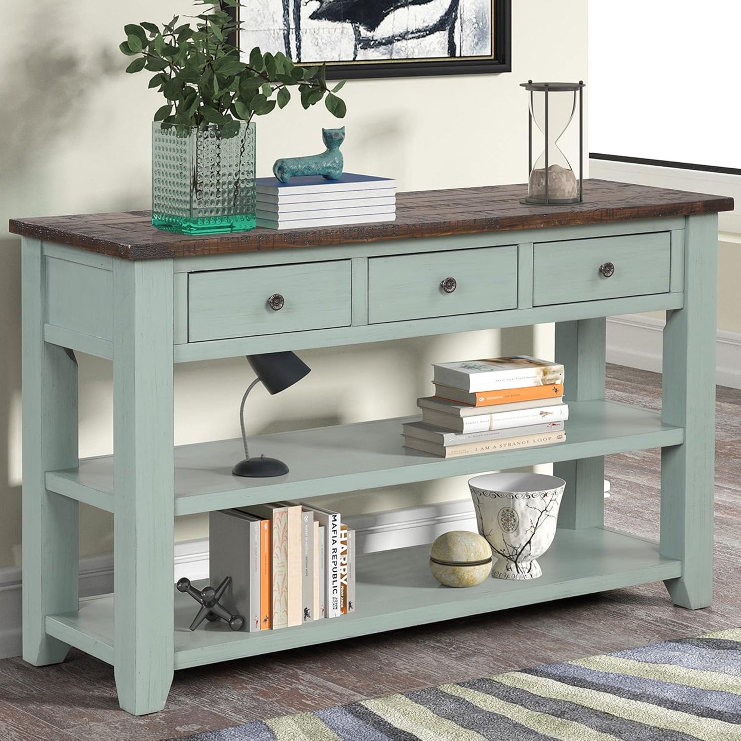 Farmhouse Wood Entryway Console Table 48-Inch Modern Sofa Entry Table with Drawers and Storage Shelves for Entrance Living Room (Green)