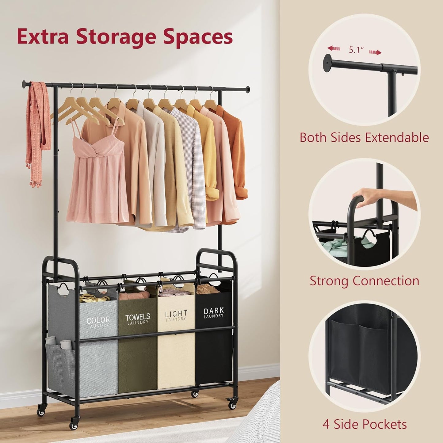 Tajsoon Laundry Sorter Cart with Hanging Clothes Rack, 4 Butler Sorter Basket Organizer, Laundry Hamper Cart with Heavy Duty Rolling Lockable Wheels, 4 Colors