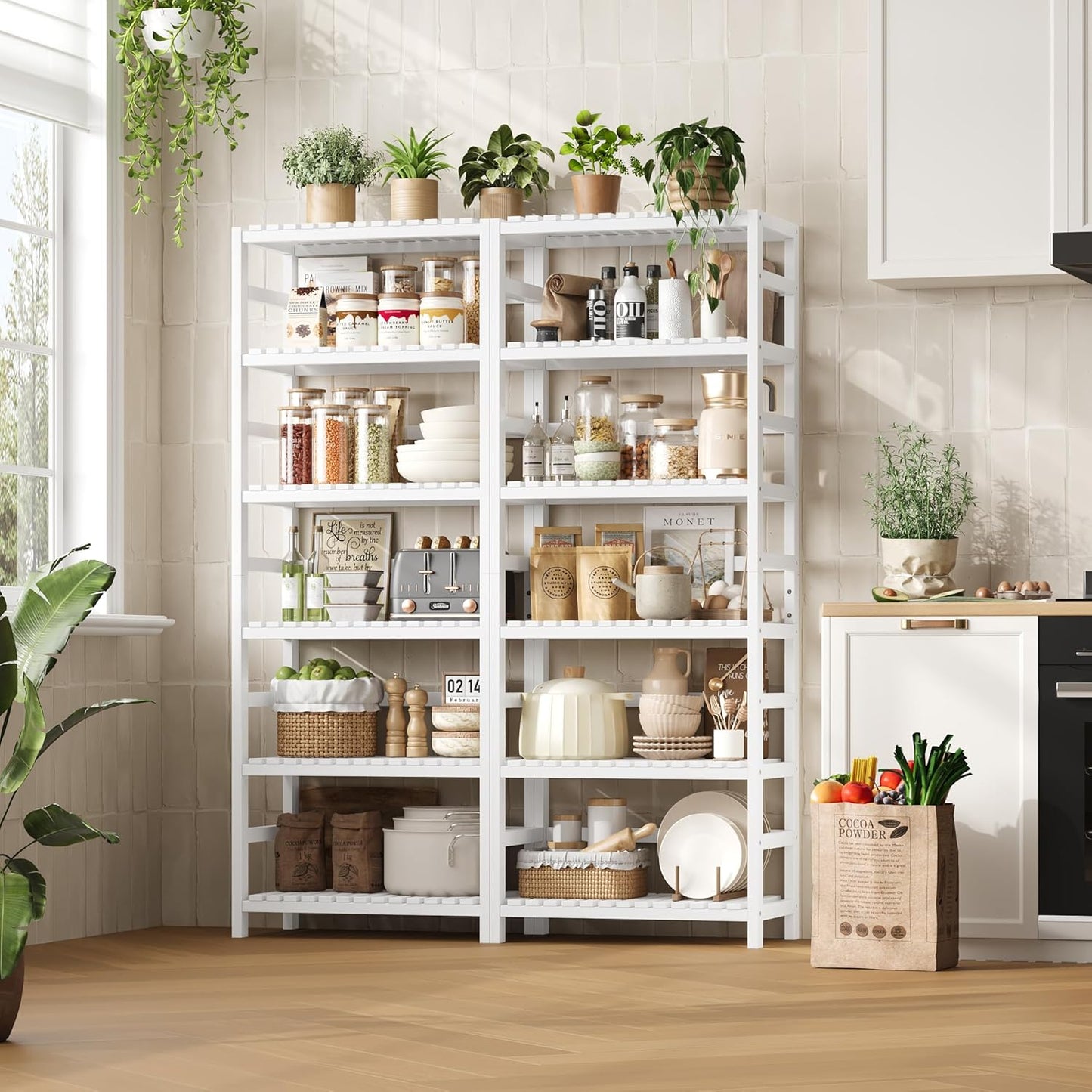 FOTOSOK 6-Tier Bamboo Shelf Set of 2, Bamboo Bookcase with Adjustable Shelves, Free Standing Storage Shelf Unit Plant Flower Stand, Tall Large White Bookshelf for Kitchen, Bathroom, Home Office, White