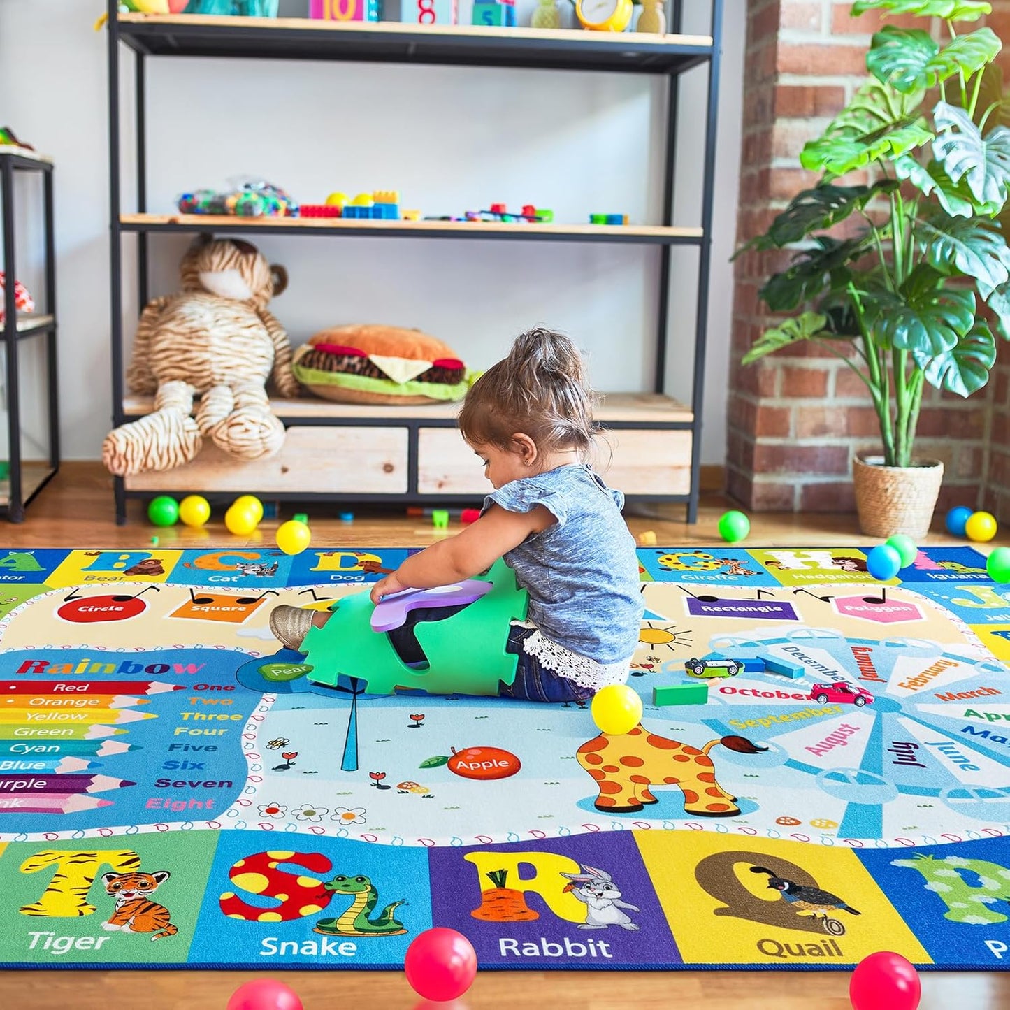 Kids Rugs for Playroom Bedroom Classroom Nursery, Non-Slip and Washable Rugs for Children Toddlers Girls, Educational and Fun Rug Carpets with ABC Alphabet Animals Shapes, 7x10, Blue
